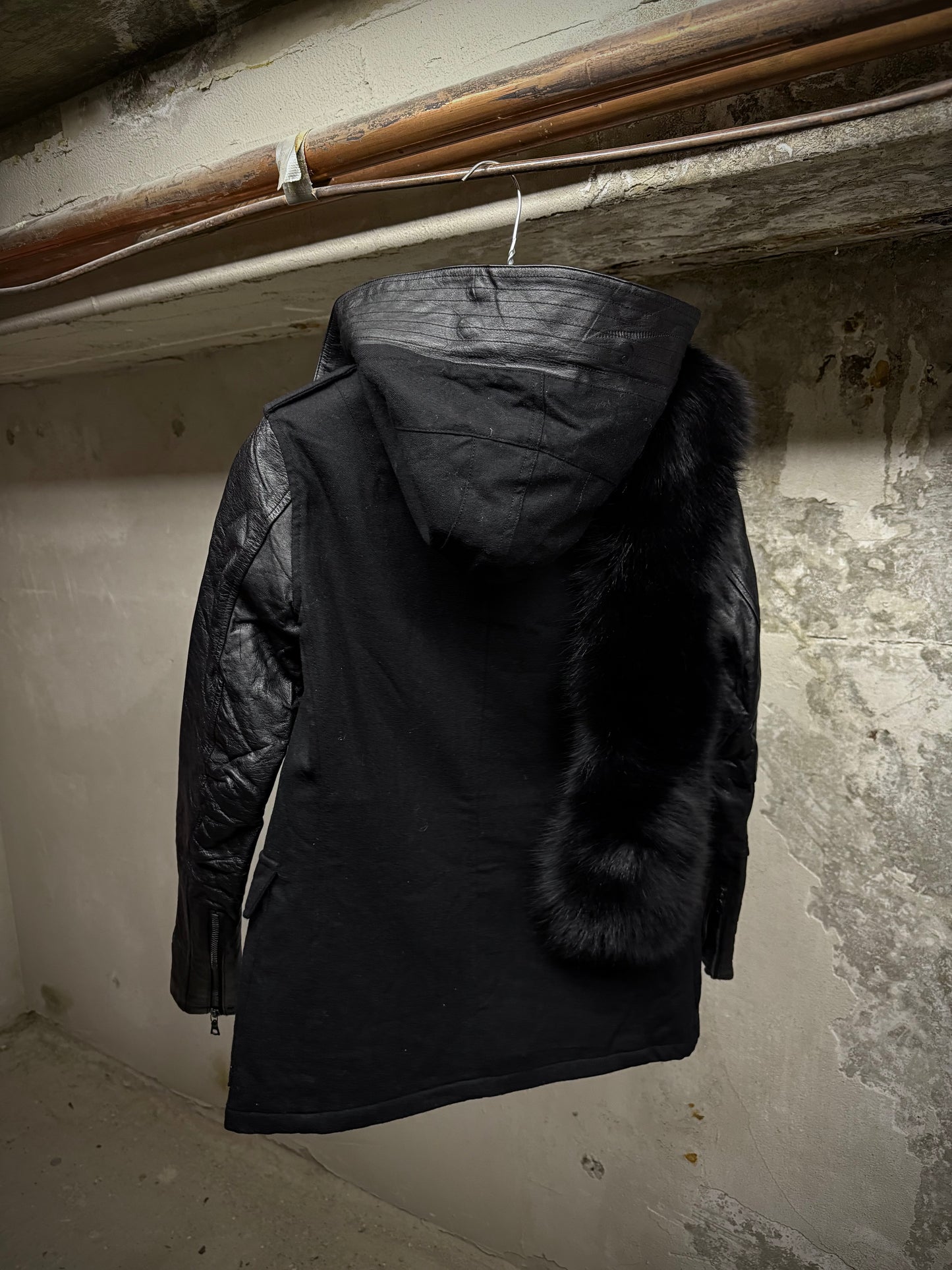 ballet by Isamu Katayama "BACKLASH" Fox Fur Hooded Hybrid Cow Leather Sleeves Field Jacket