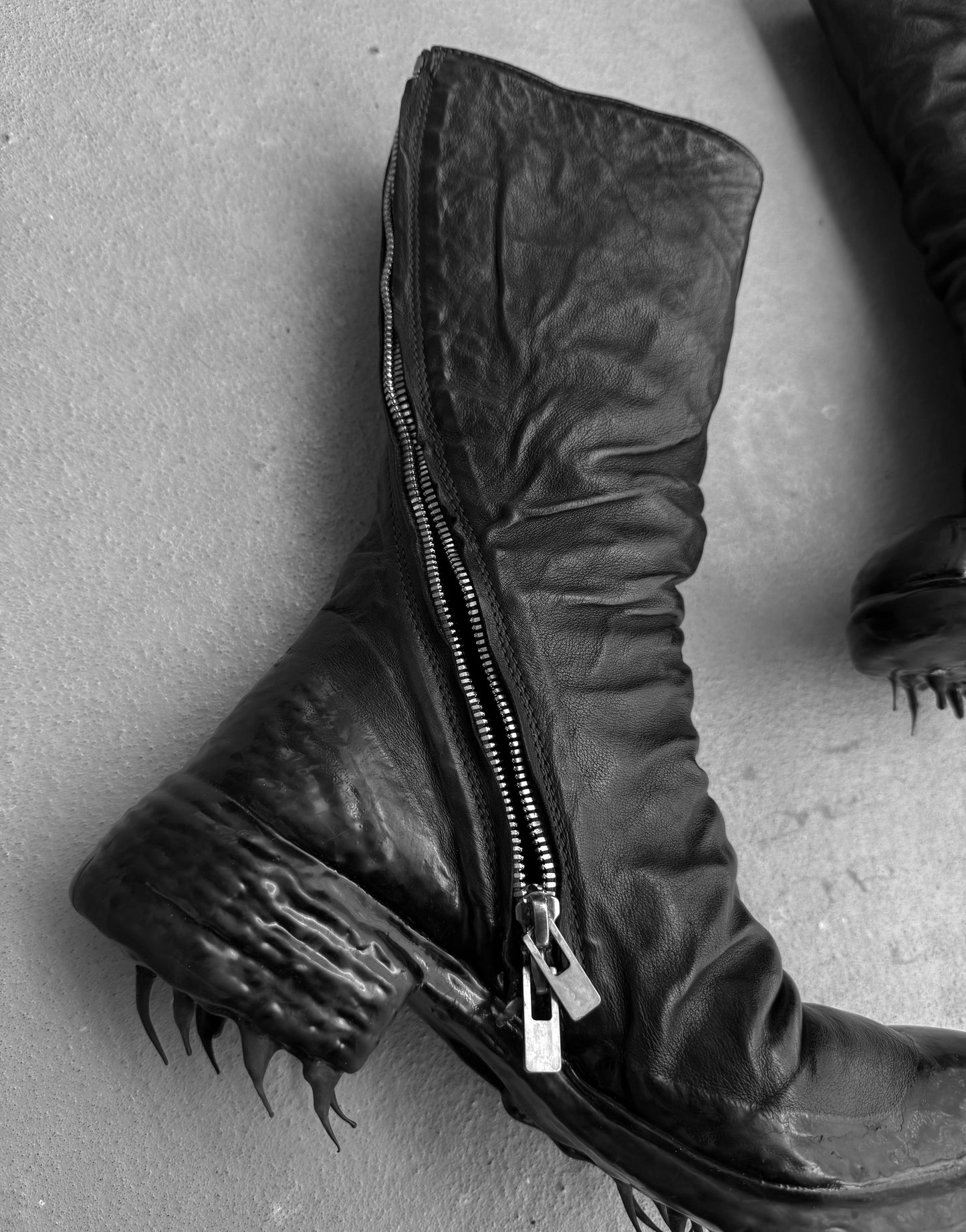 Carol Christian Poell ‘AF/0907PR ROOMS-PTC/10’ Black Objet-dyed Kangaroo Leather Titanium Prosthetic Drip Tornado Zip Boots