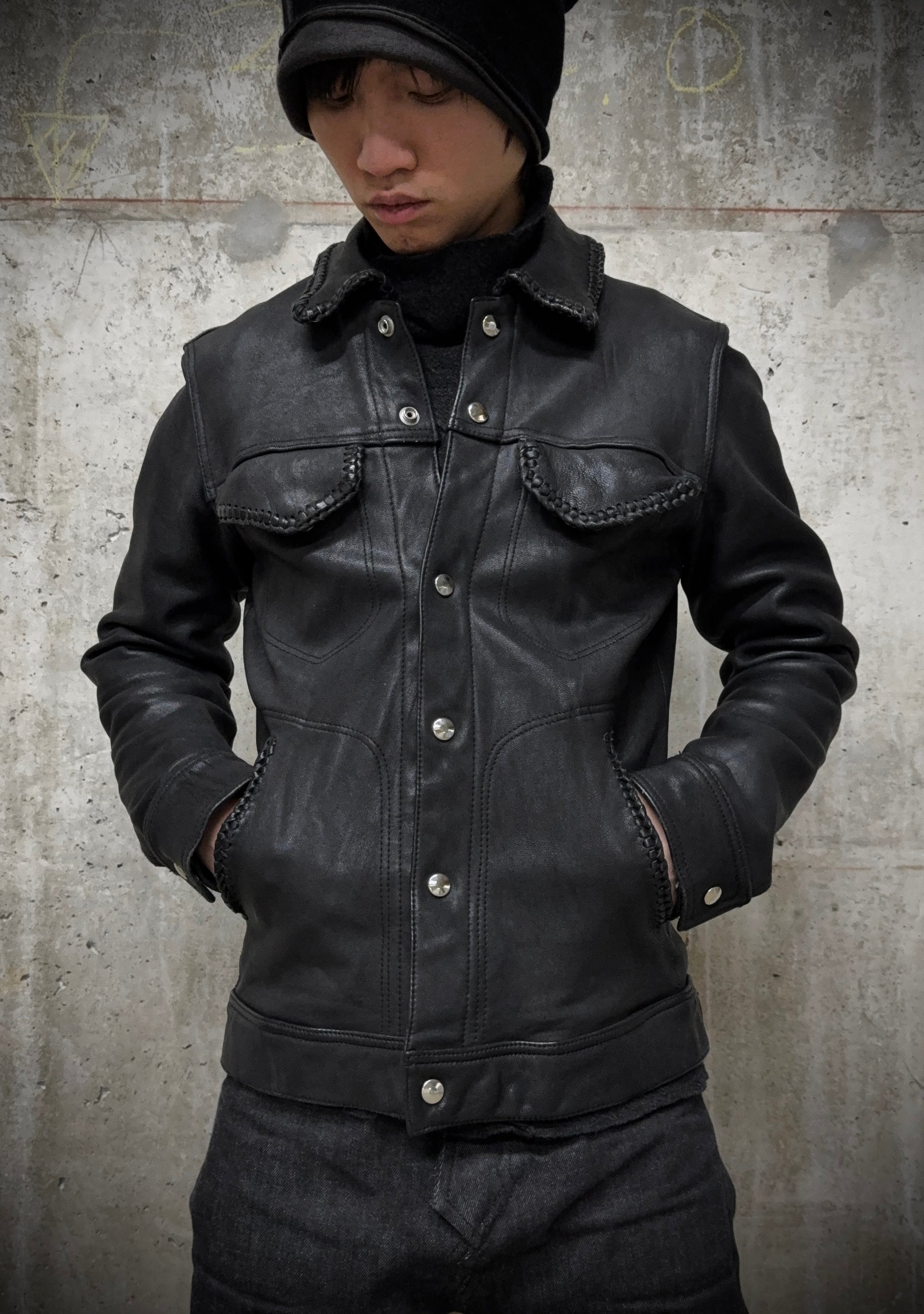 phenomenon beyond description x JOHN'S Braided Goatskin Leather Trucker Jacket detail | DRIEW GARMENTS