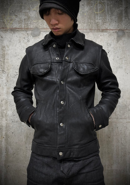 phenomenon beyond description x JOHN'S Braided Goatskin Leather Trucker Jacket detail | DRIEW GARMENTS