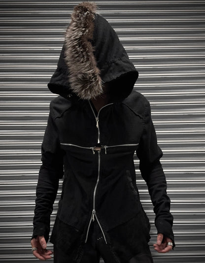 14thAddiction Mohawk Custom Distressed Sheepskin Leather Cross-zip Hoodie