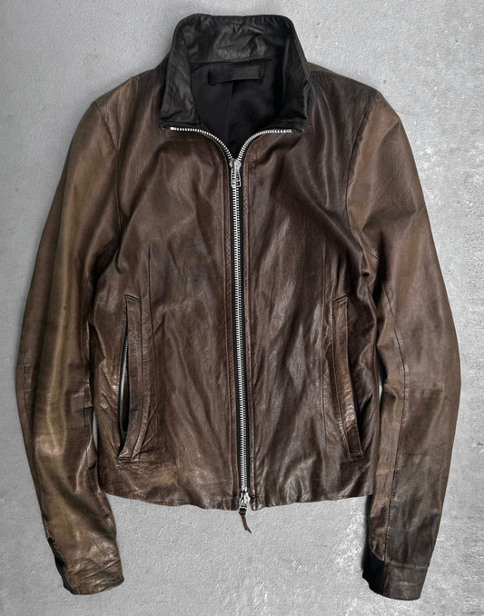 EKAM Early 00s Garment-dyed Brown Sheepskin Leather Single Rider Jacket
