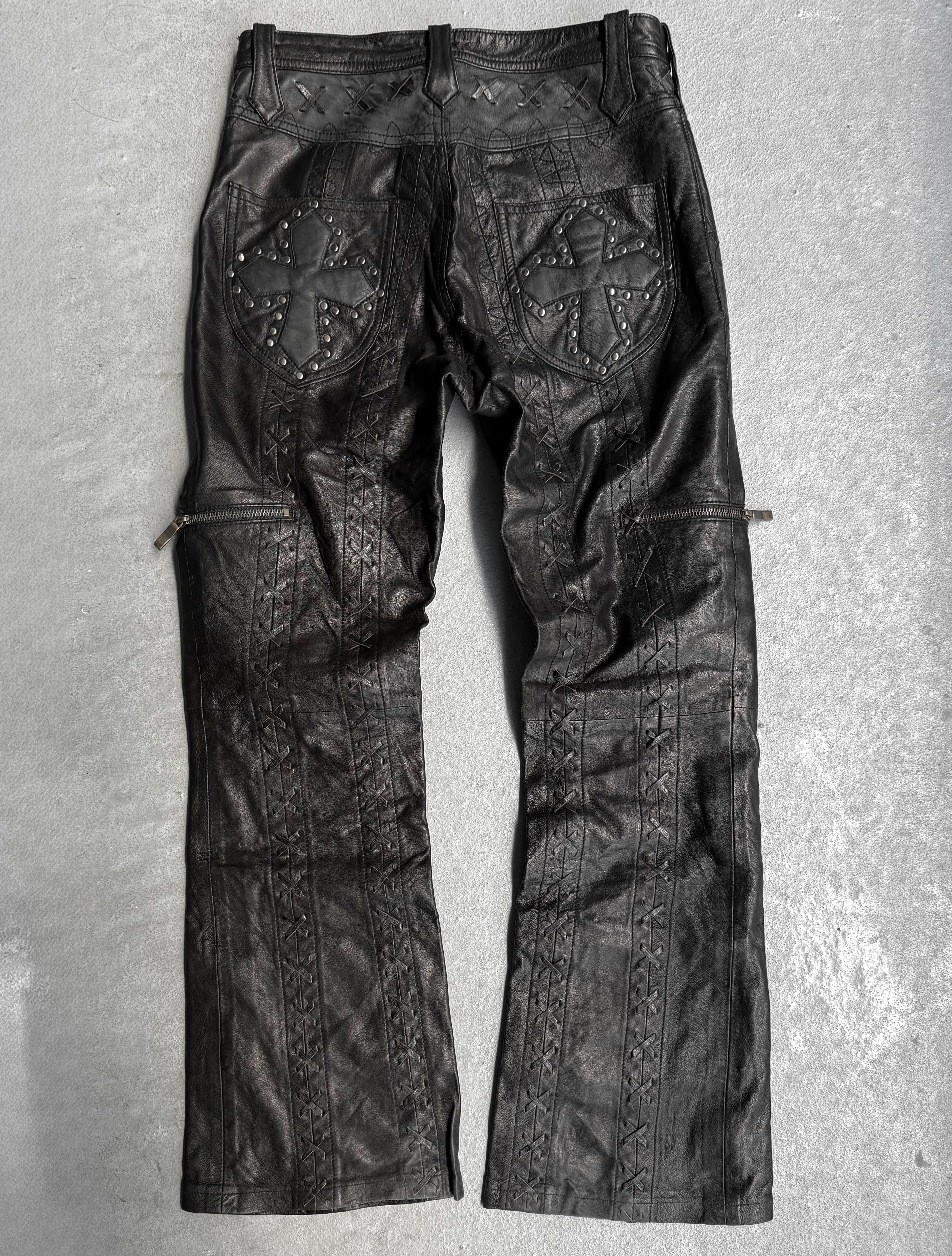 Yasuyuki Ishii Early 00s Cross Studded Lace-up Flare Leather Pants