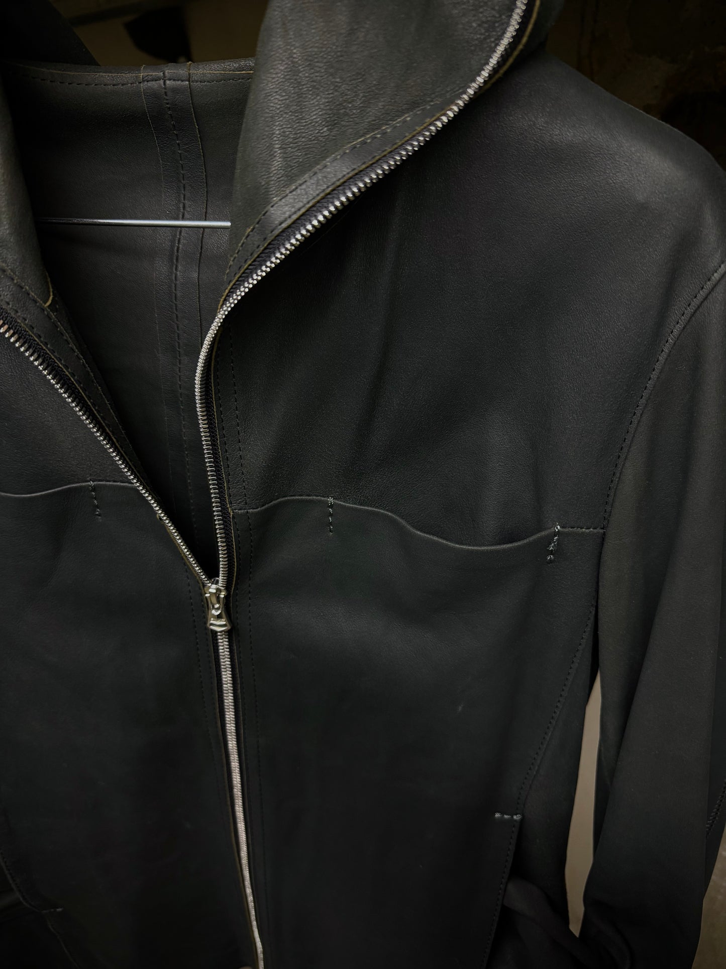 Isamu Katayama "BACKLASH" Unlined Overlock Hooded 'Gimp' Zip Goat Leather Jacket detail | DRIEW GARMENTS