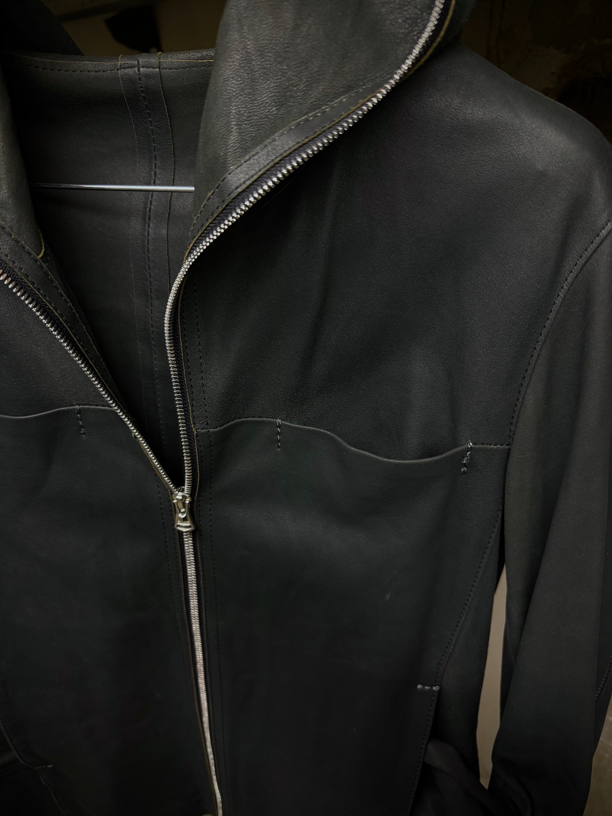 Isamu Katayama "BACKLASH" Unlined Overlock Hooded 'Gimp' Zip Goat Leather Jacket detail | DRIEW GARMENTS