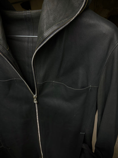 Isamu Katayama "BACKLASH" Unlined Overlock Hooded 'Gimp' Zip Goat Leather Jacket detail | DRIEW GARMENTS