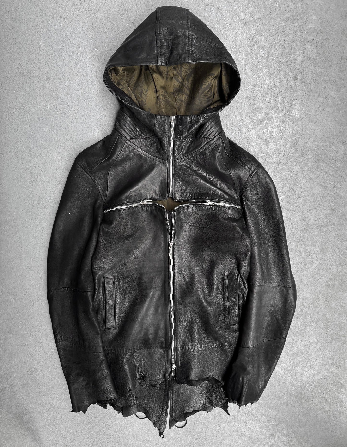14thAddiction AW24 Distressed Sheepskin Leather Cross-zip Hooded Jacket
