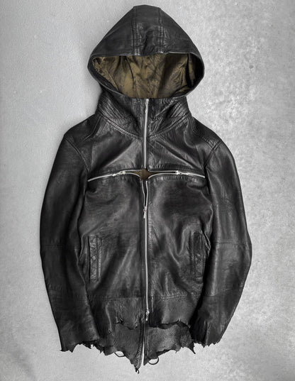 14thAddiction AW24 Distressed Sheepskin Leather Cross-zip Hooded Jacket