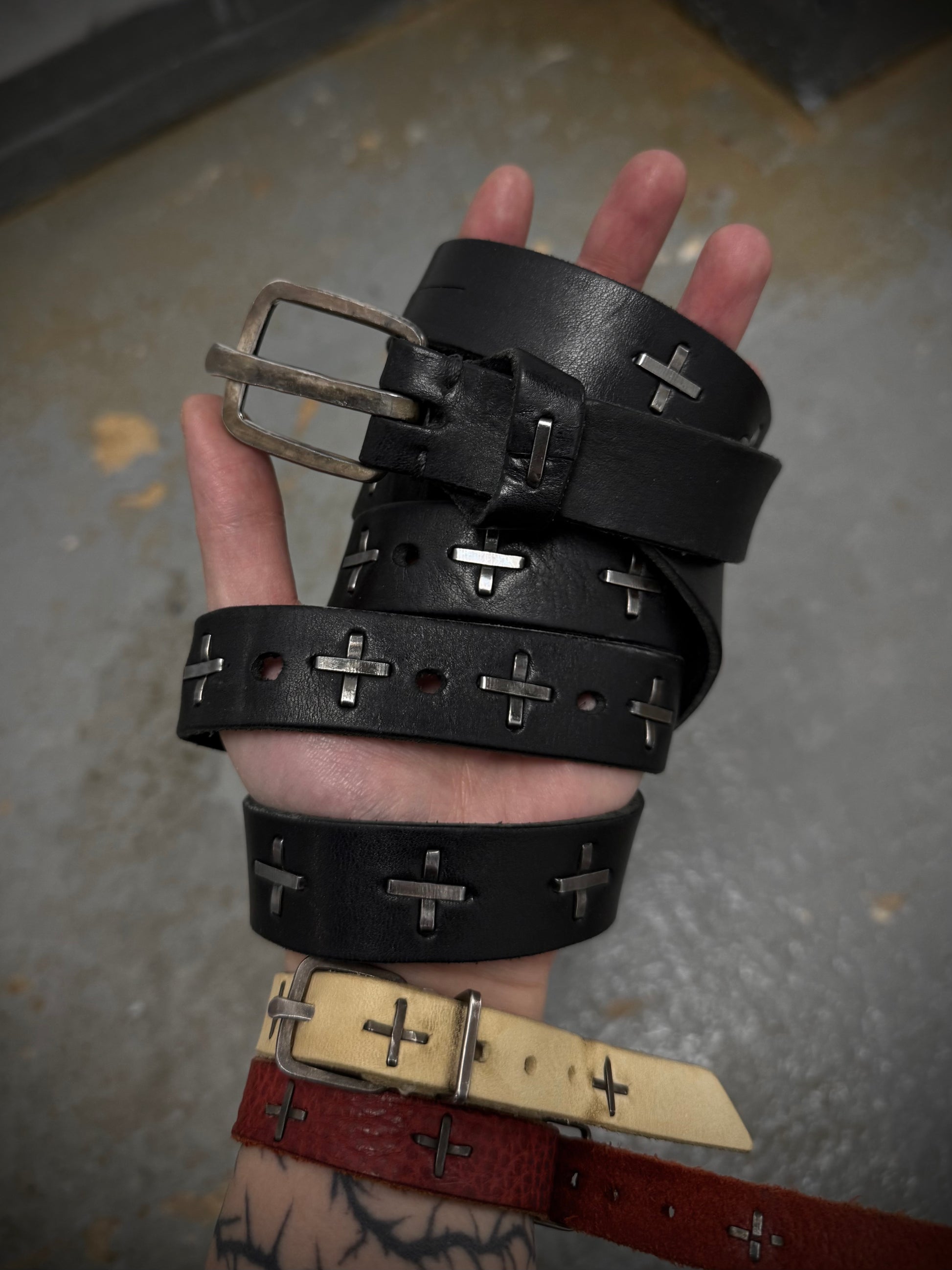 m.a+ by Maurizio Amadei 'EQ2C' GR 3.0 .925 Silver Cross Studded Cow Leather Belt detail | DRIEW GARMENTS