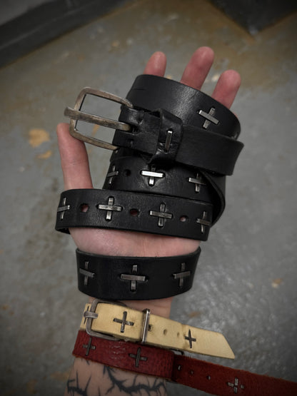 m.a+ by Maurizio Amadei 'EQ2C' GR 3.0 .925 Silver Cross Studded Cow Leather Belt detail | DRIEW GARMENTS