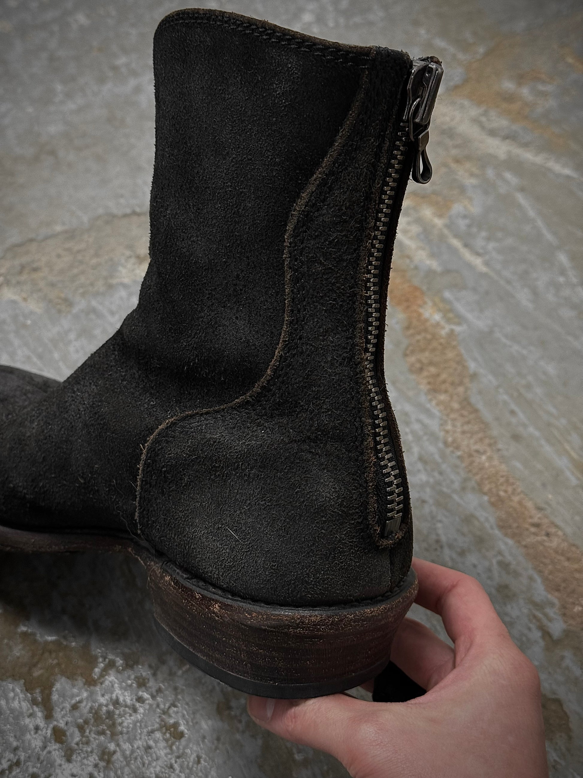 JULIUS _7 SS10-11 “neurbanvolker;” Reverse Cow Leather Back Zip Boots detail | DRIEW GARMENTS