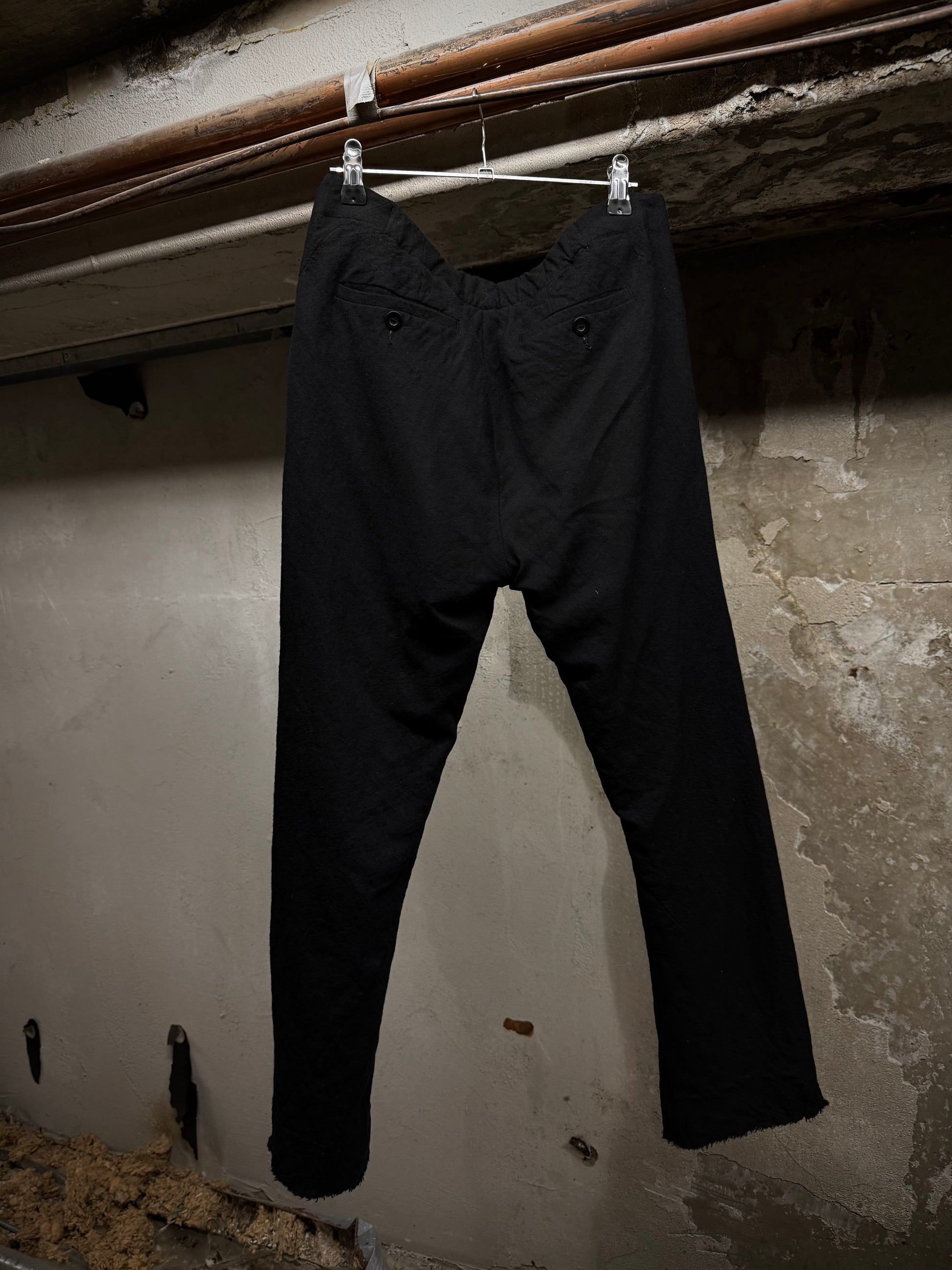 Rick Owens AW08 "STAG" Bias Cut Frayed Hem Flare Wool Trousers detail | DRIEW GARMENTS