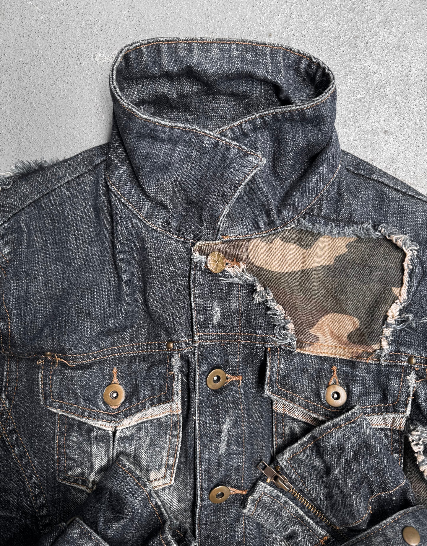 Midas Early 00s Mud-stained Camo Patchwork Denim Trucker Jacket