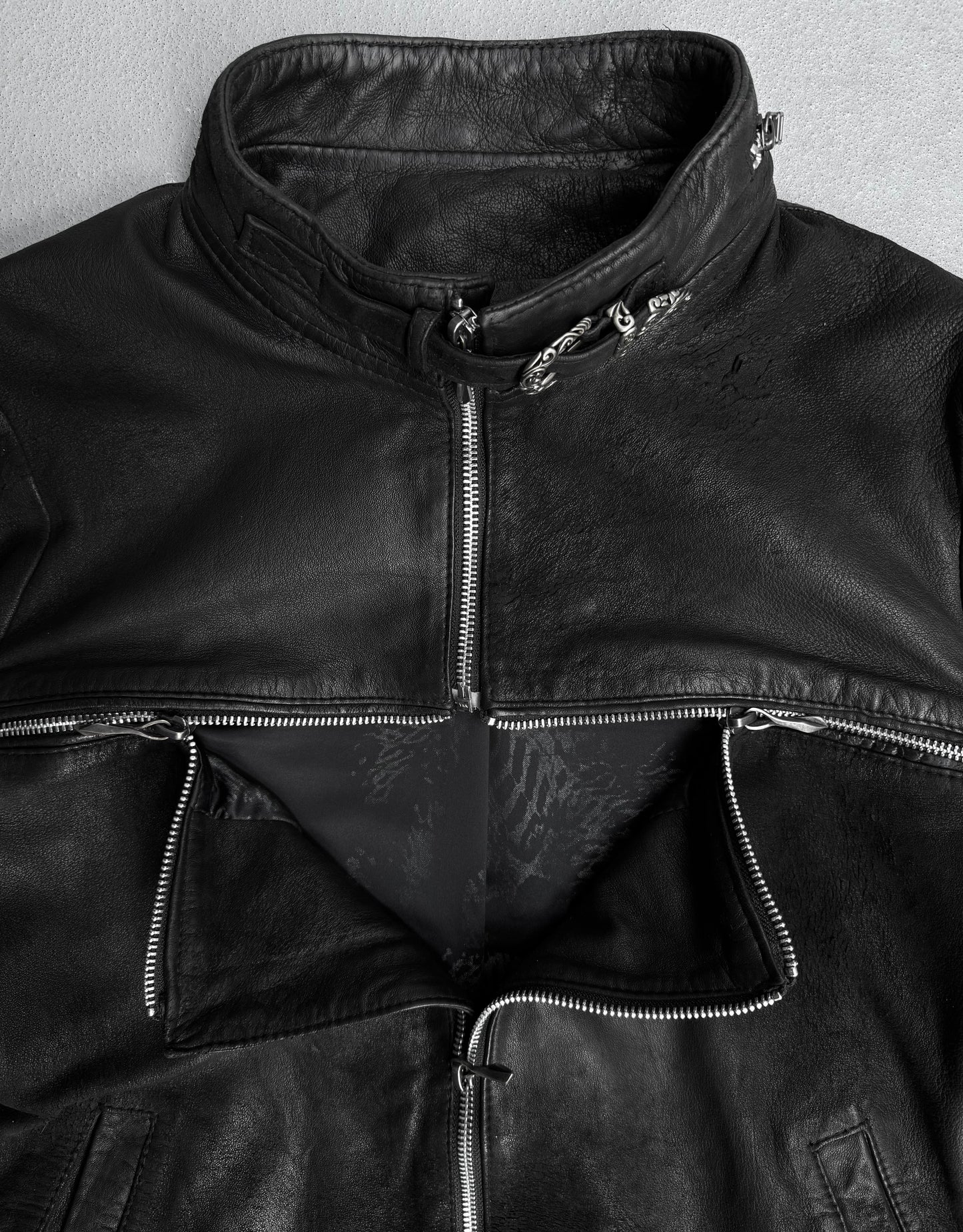 14thAddiction AW17 Distressed Sheepskin Leather Cross-zip Jacket