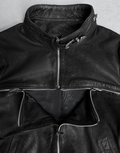 14thAddiction AW17 Distressed Sheepskin Leather Cross-zip Jacket
