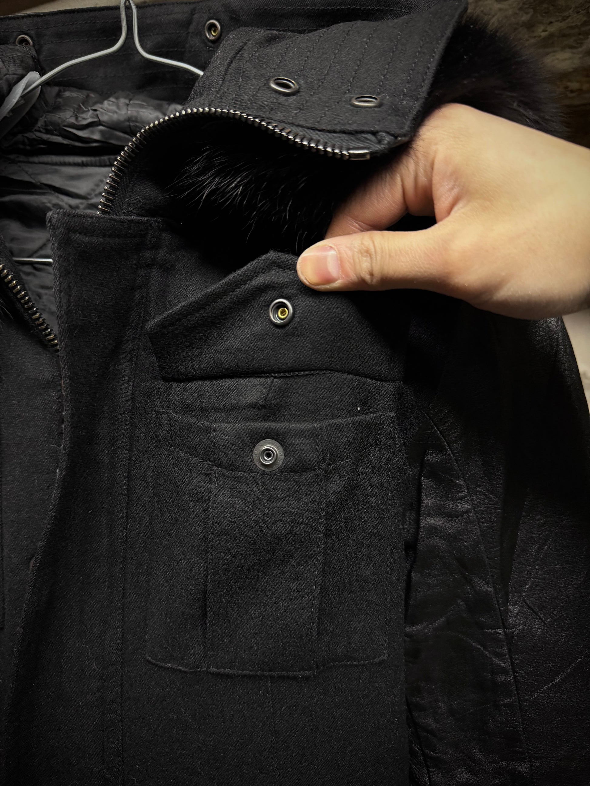 Isamu Katayama "BACKLASH" ballet by Isamu Katayama "BACKLASH" Fox Fur Hooded Hybrid Cow Leather Sleev detail | DRIEW GARMENTS