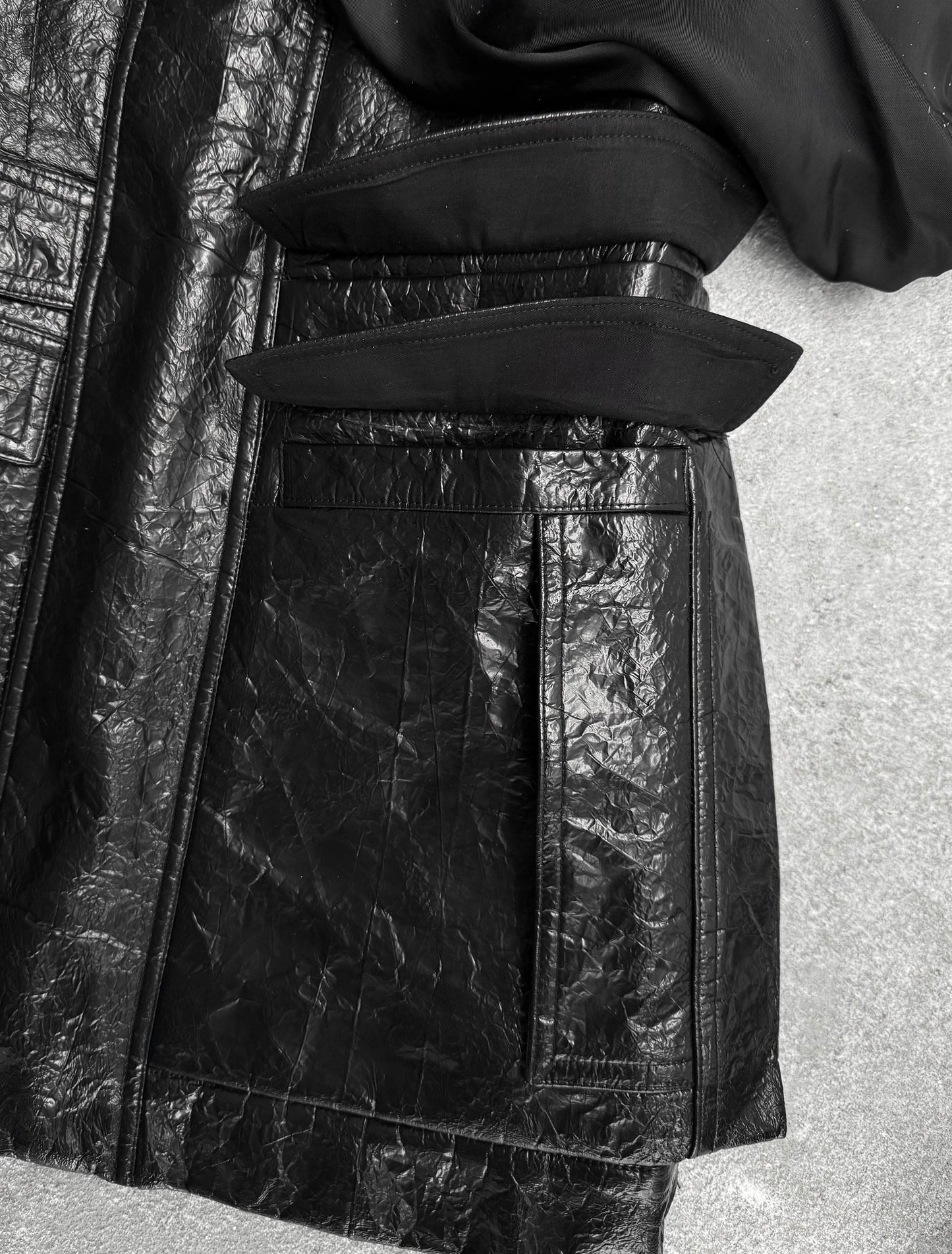 Rick Owens SS16 "CYCLOPS" Faux Leather Deconstructed Sleeve Military Jacket detail | DRIEW GARMENTS