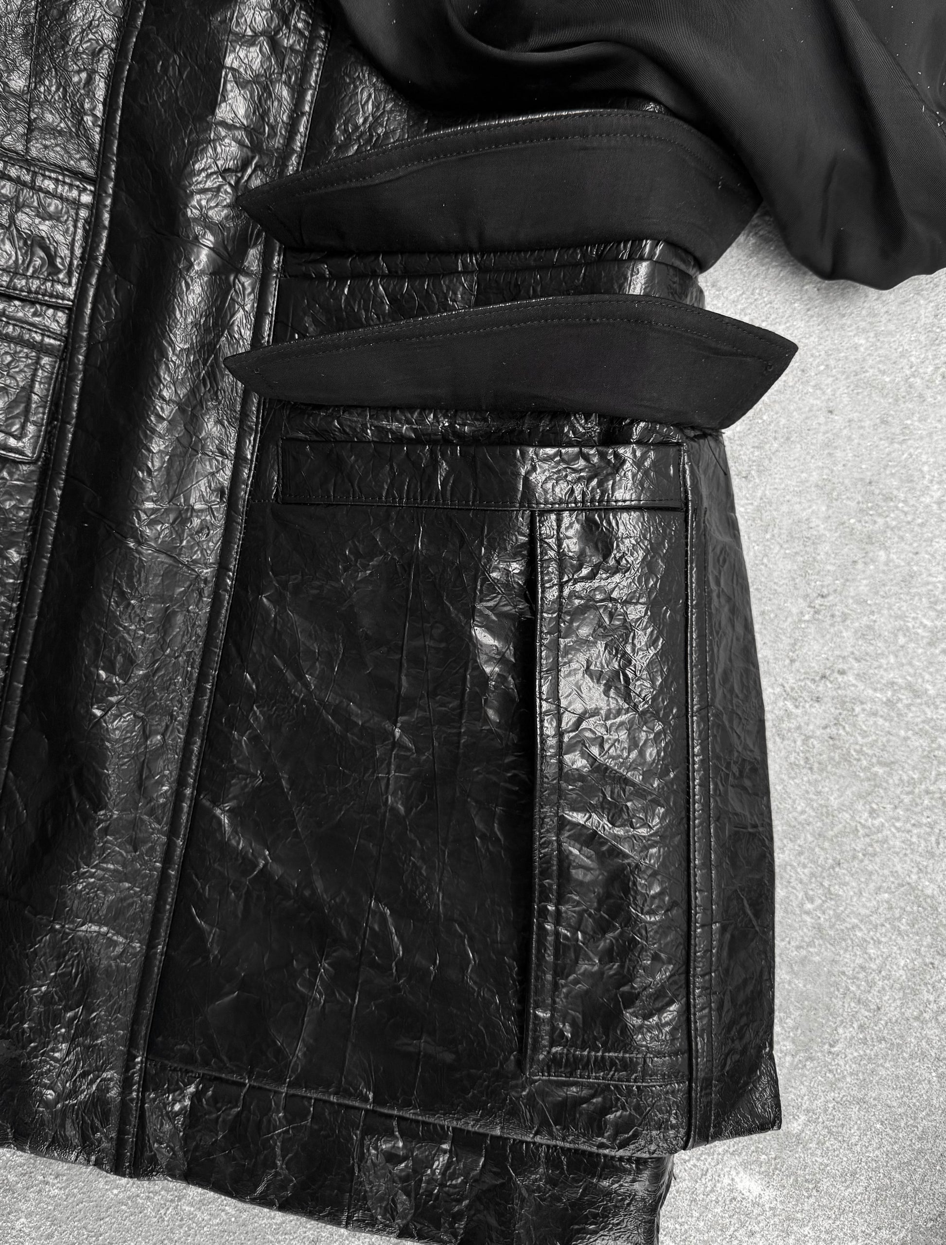 Rick Owens SS16 "CYCLOPS" Faux Leather Deconstructed Sleeve Military Jacket detail | DRIEW GARMENTS