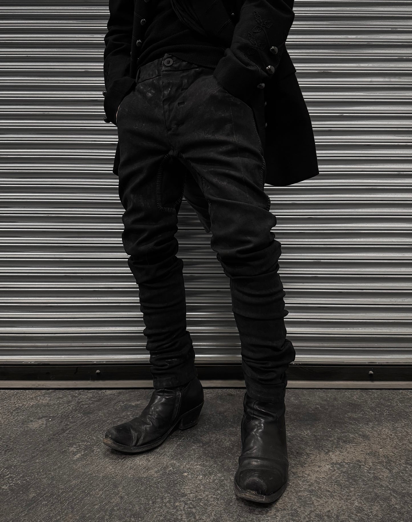 Boris Bidjan Saberi AW20 P14-F1939 Hand-stitched Black Vinyl Coated Skinny Denim