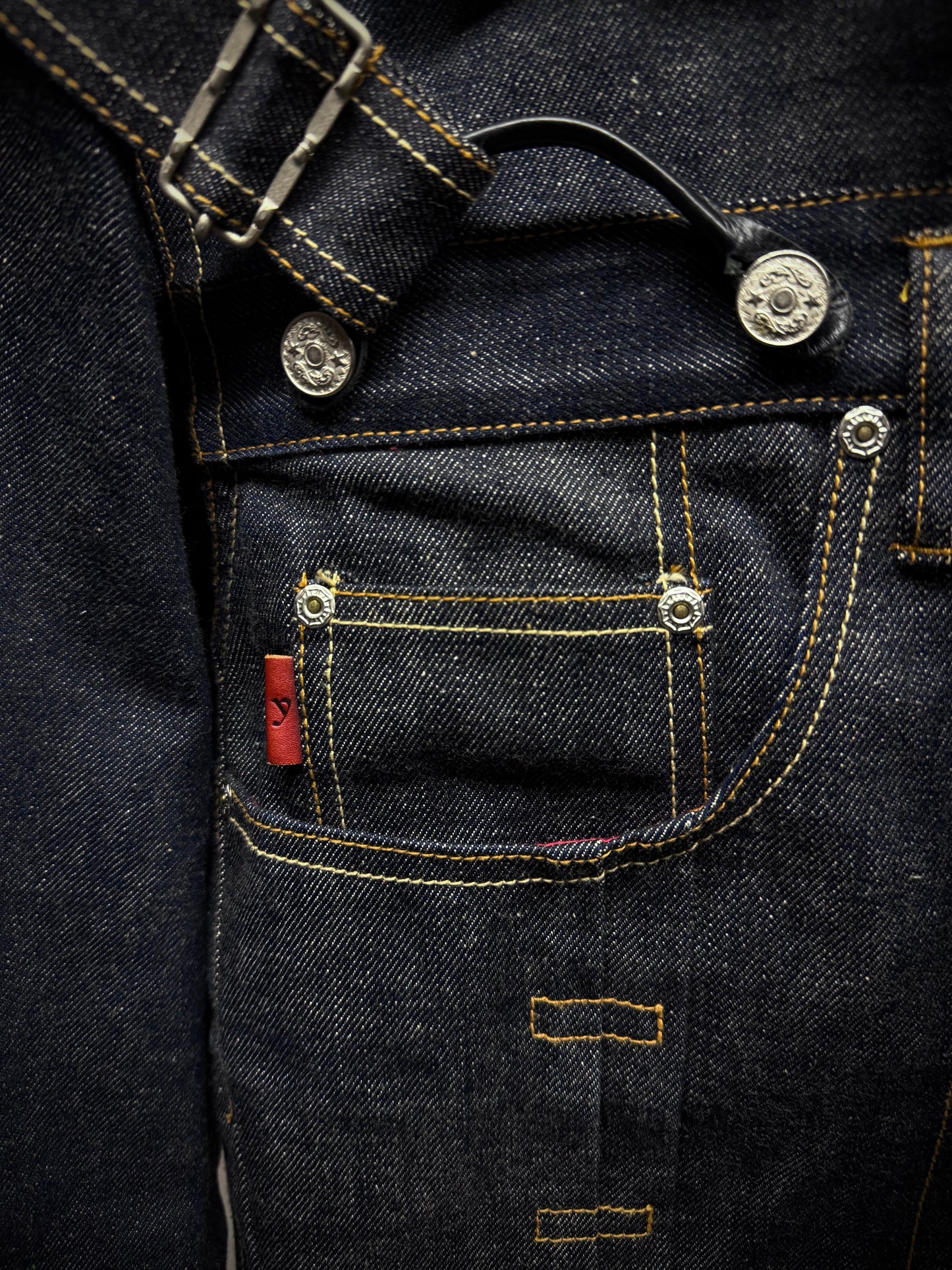 Yuji Yamada 00s 'FURNISHINGS' Removable Leather Harness Raw Denim 'Jean' Jacket detail | DRIEW GARMENTS