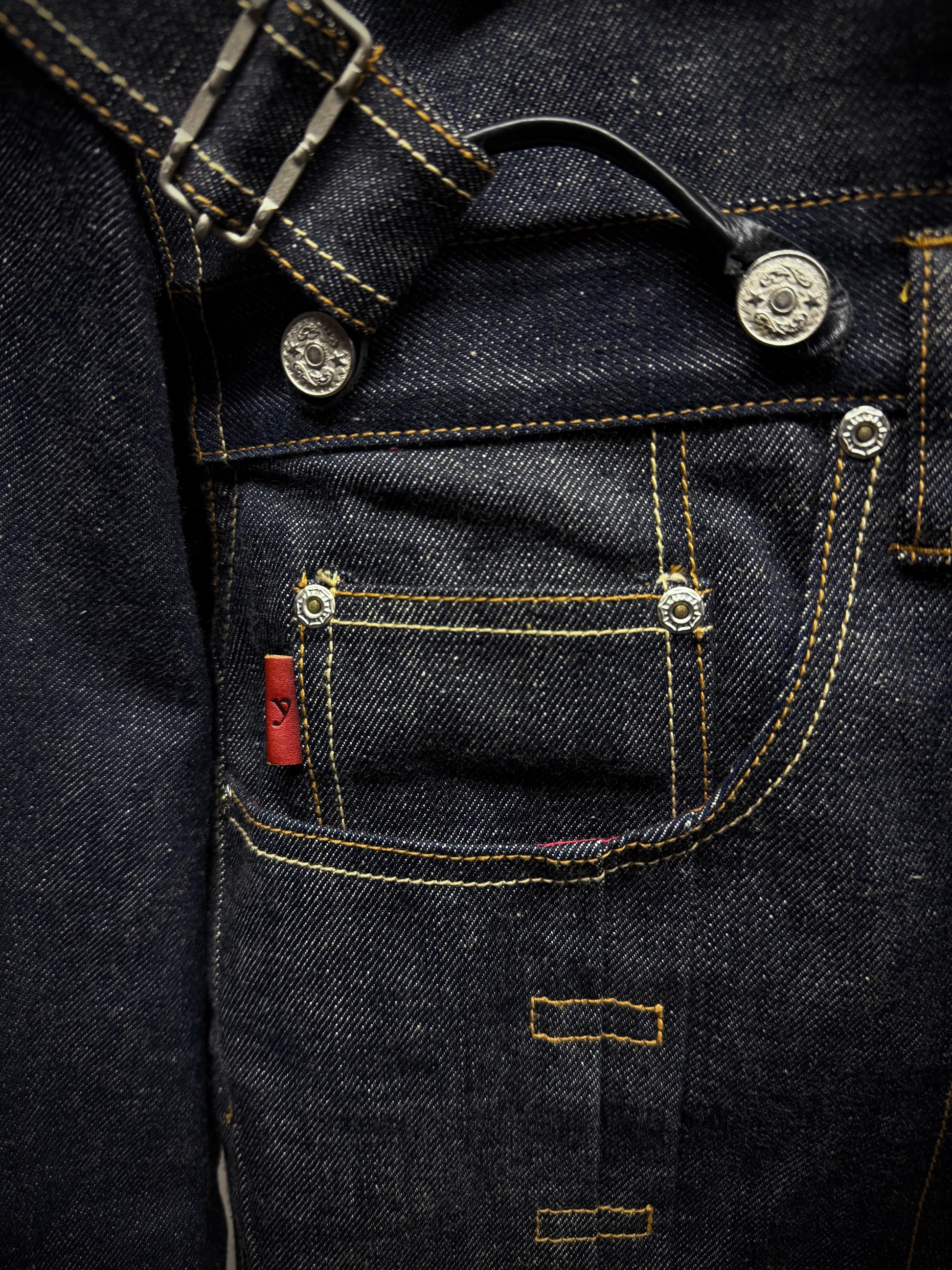 Yuji Yamada 00s 'FURNISHINGS' Removable Leather Harness Raw Denim 'Jean' Jacket detail | DRIEW GARMENTS