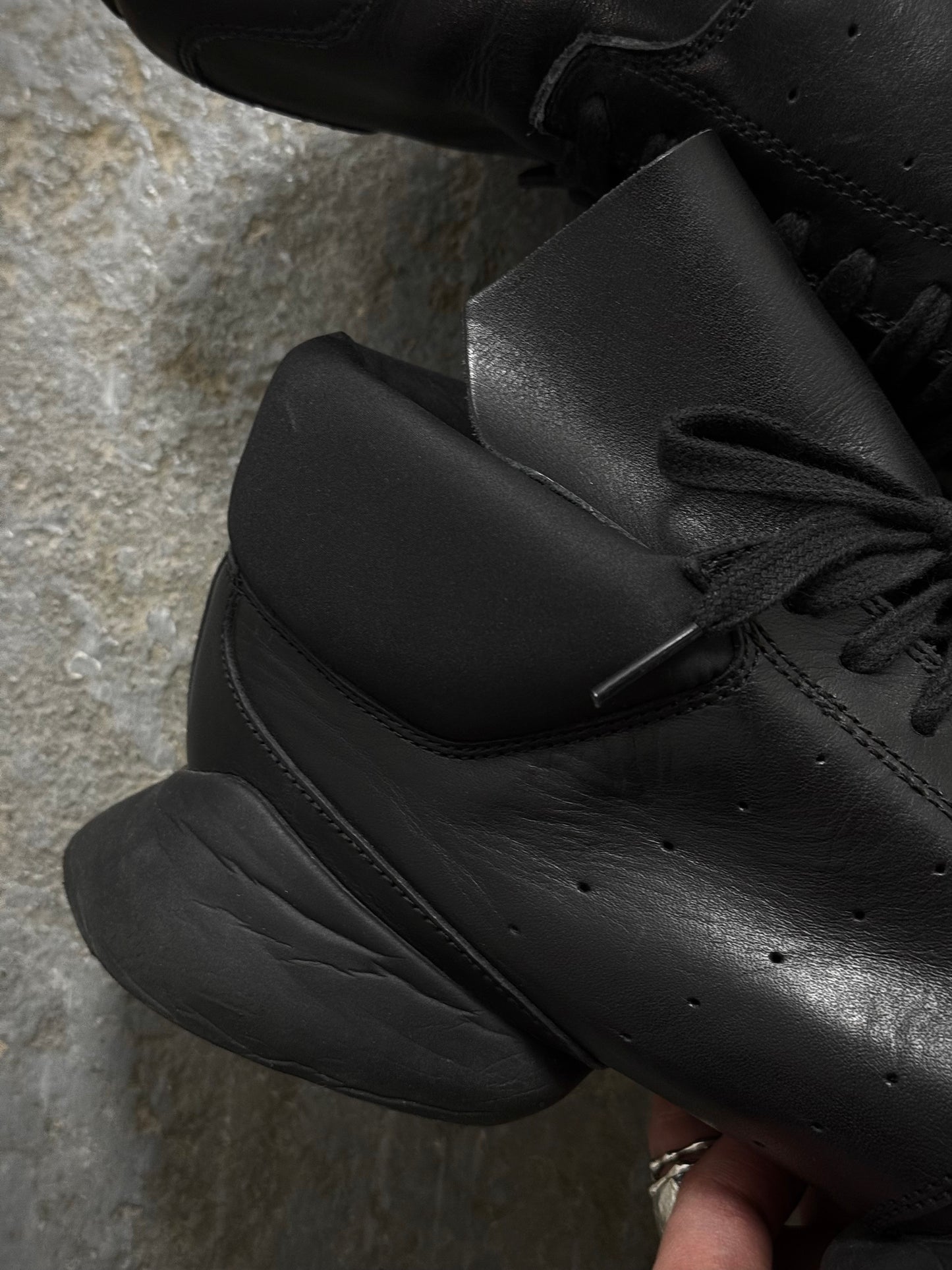 Rick Owens x Adidas SS14 “VICIOUS” 'RO RUNNER' Black Leather Sneakers detail | DRIEW GARMENTS