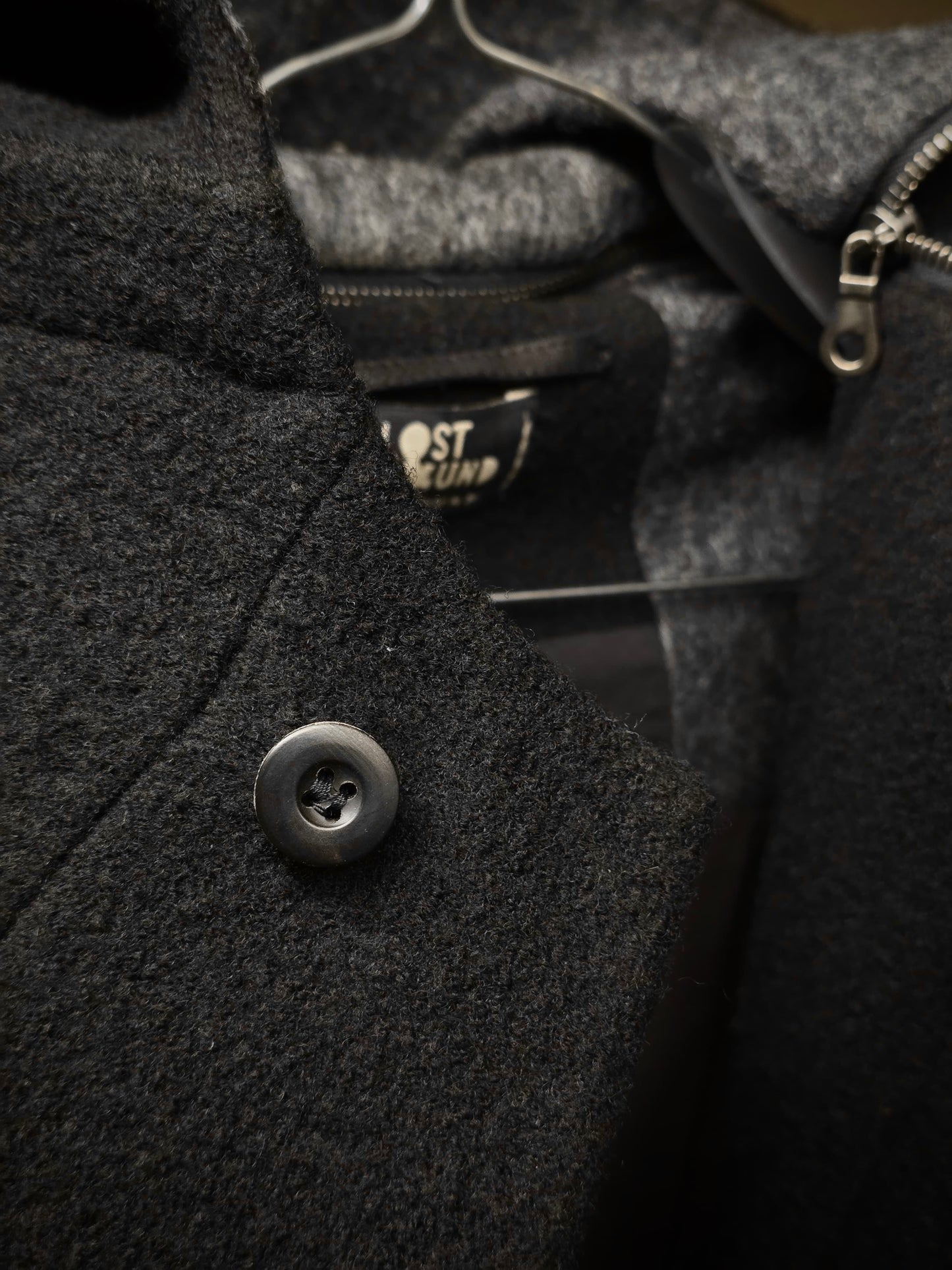 Lost and Found Ria Dunn Lost & Found by Ria Dunn 2010s Removable Hooded Boiled Wool Crepe Coat detail | DRIEW GARMENTS