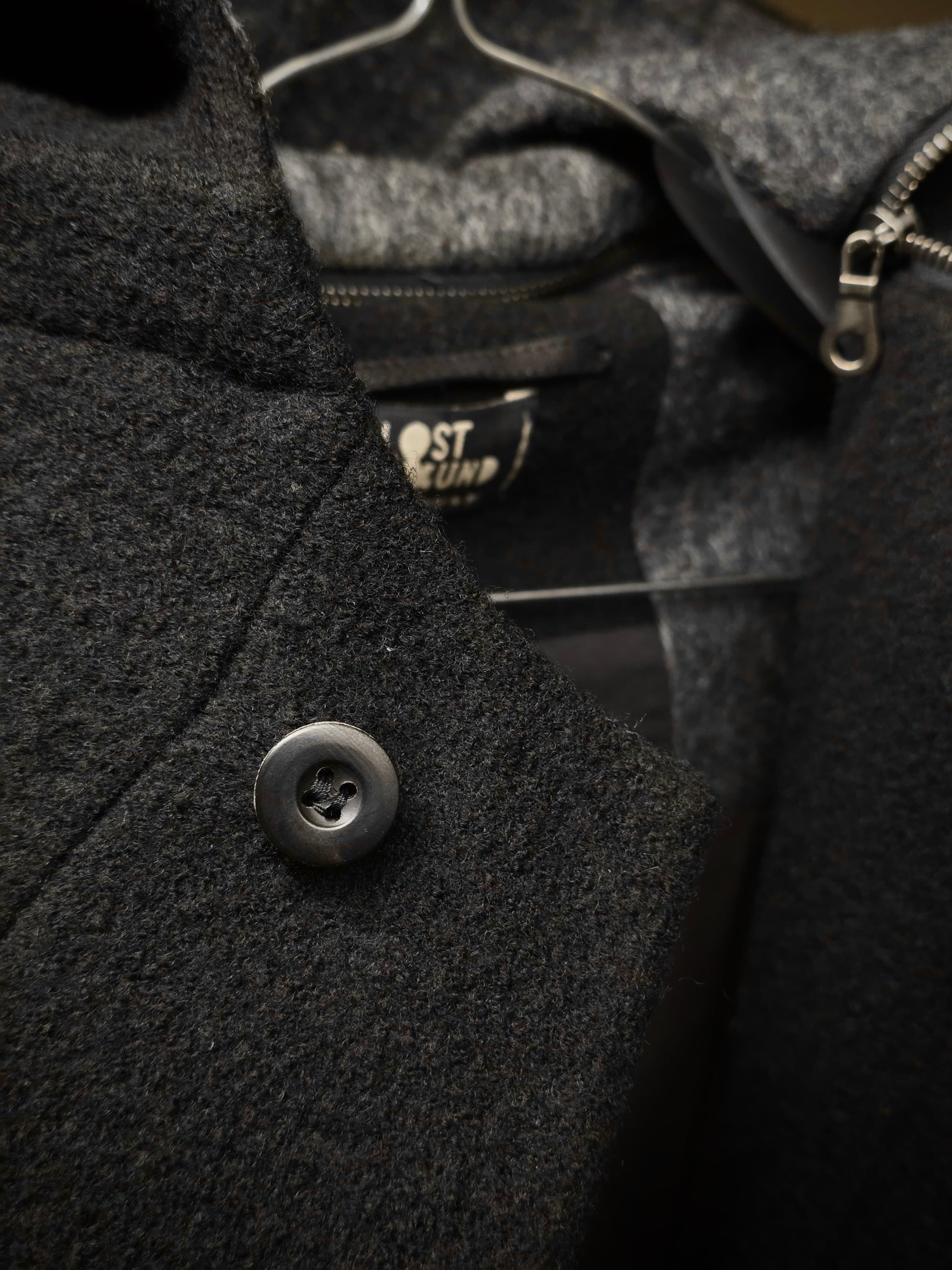 Lost and Found Ria Dunn Lost & Found by Ria Dunn 2010s Removable Hooded Boiled Wool Crepe Coat detail | DRIEW GARMENTS