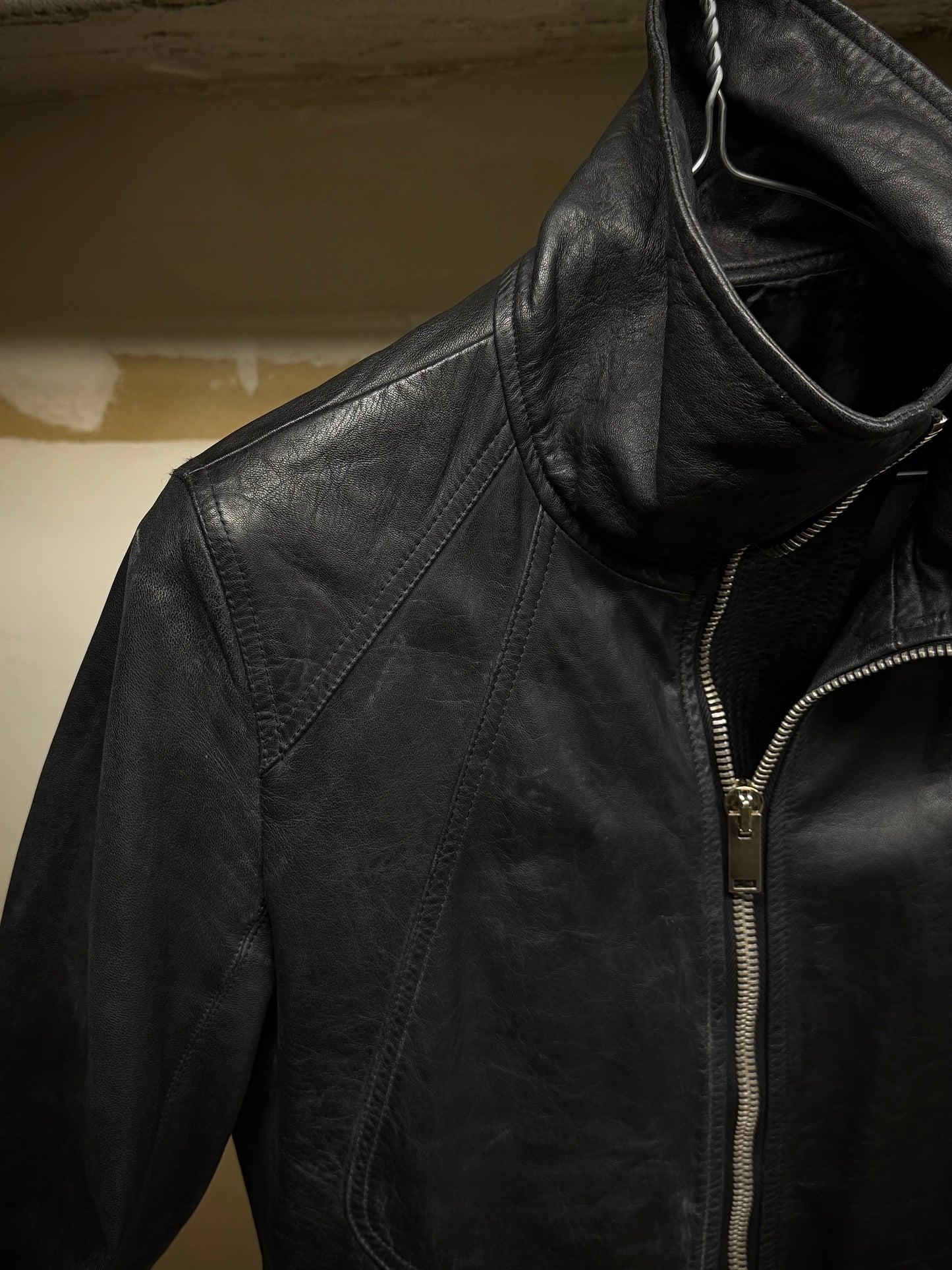 Rick Owens AW13 "PLINTH" High Neck Intarsia Calf Leather Jacket detail | DRIEW GARMENTS