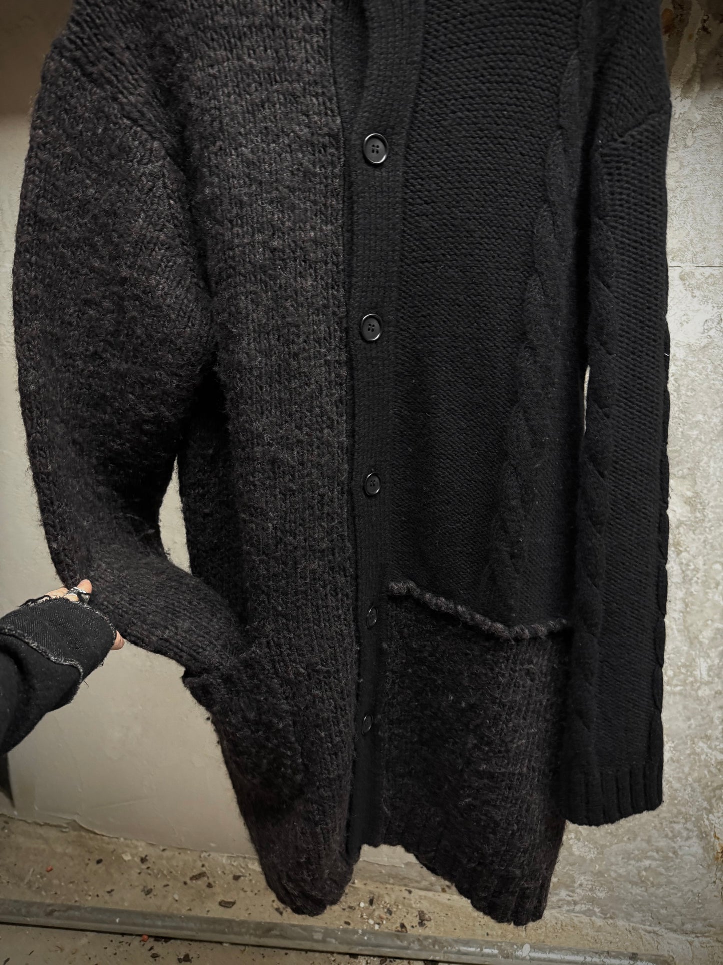 Yohji Yamamoto POUR HOMME AW15 Asymmetric Oversized Chunky Wool Cable Knit Cardigan detail | DRIEW GARMENTS