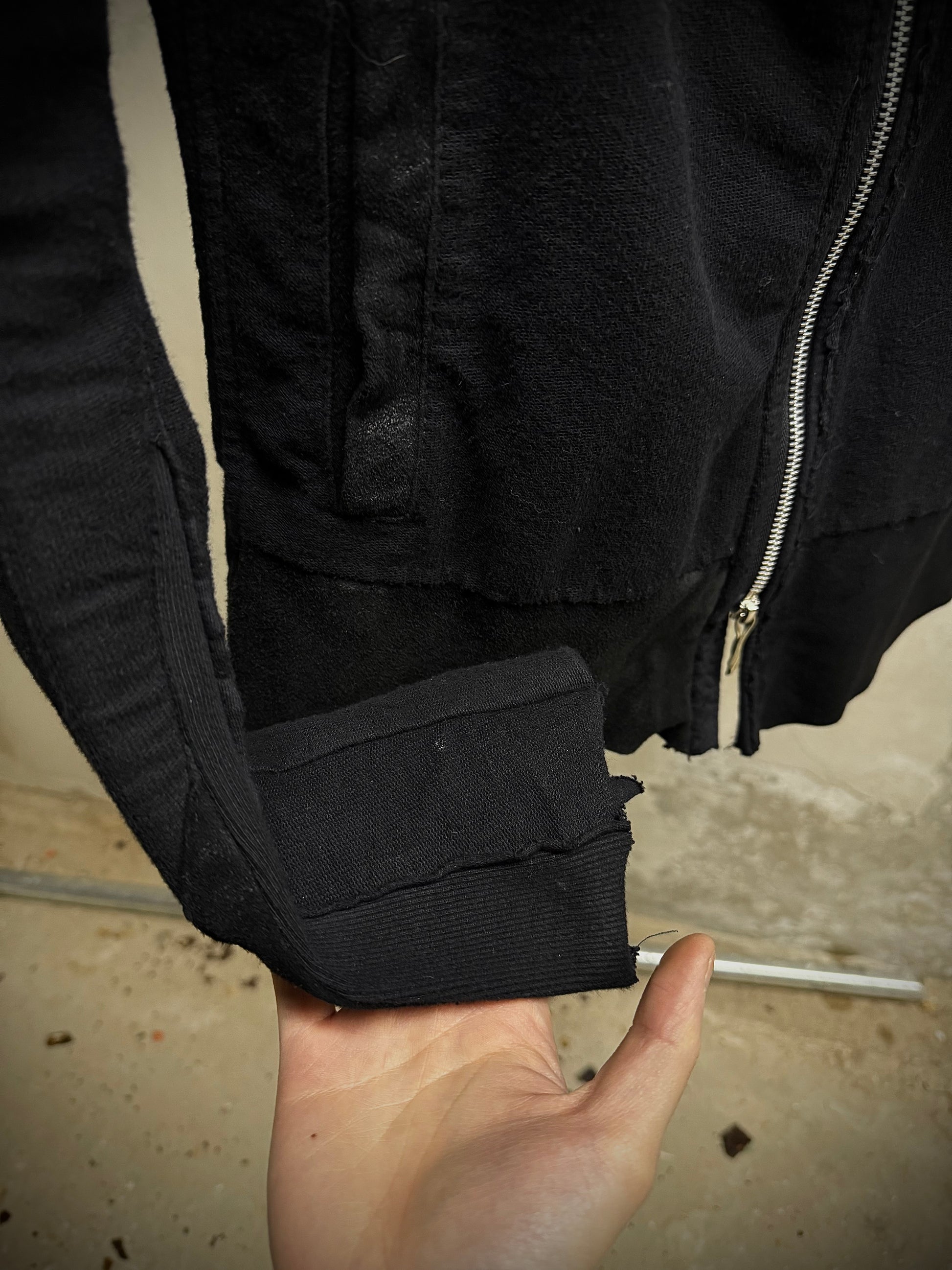 14thAddiction Mohawk Custom Distressed Sheepskin Leather Cross-zip Hoodie detail | DRIEW GARMENTS