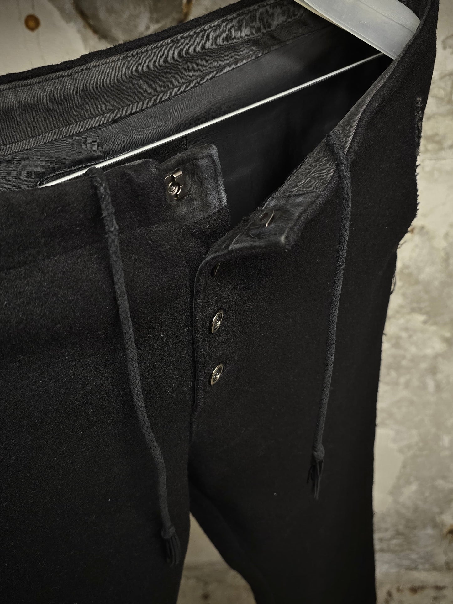 Isamu Katayama "BACKLASH" Blistered Sheepskin Trim Wool Bootcut Pants detail | DRIEW GARMENTS
