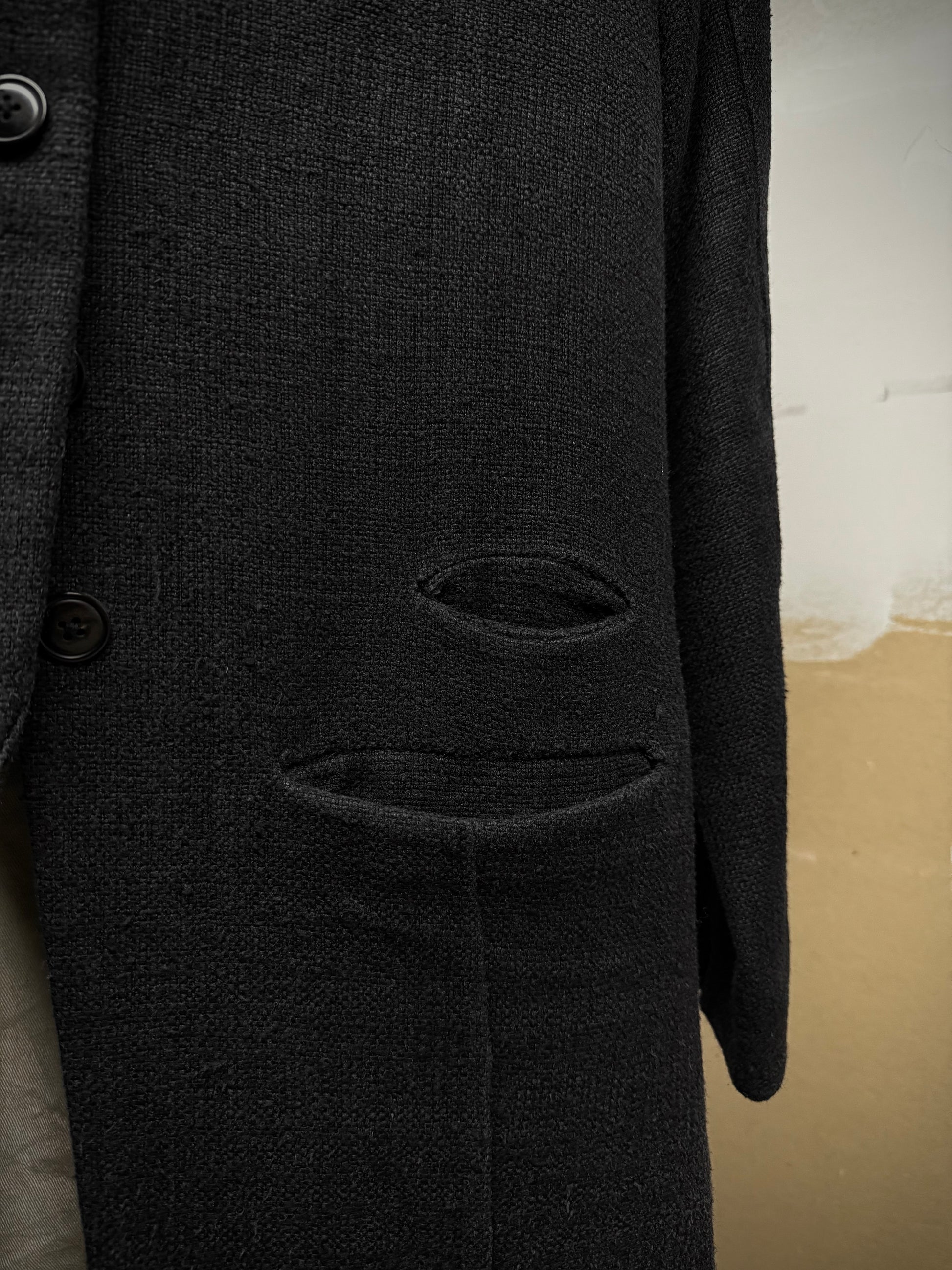 Aleksandr Manamïs Charcoal Grey Raw Silk Frayed Hem Coat detail | DRIEW GARMENTS