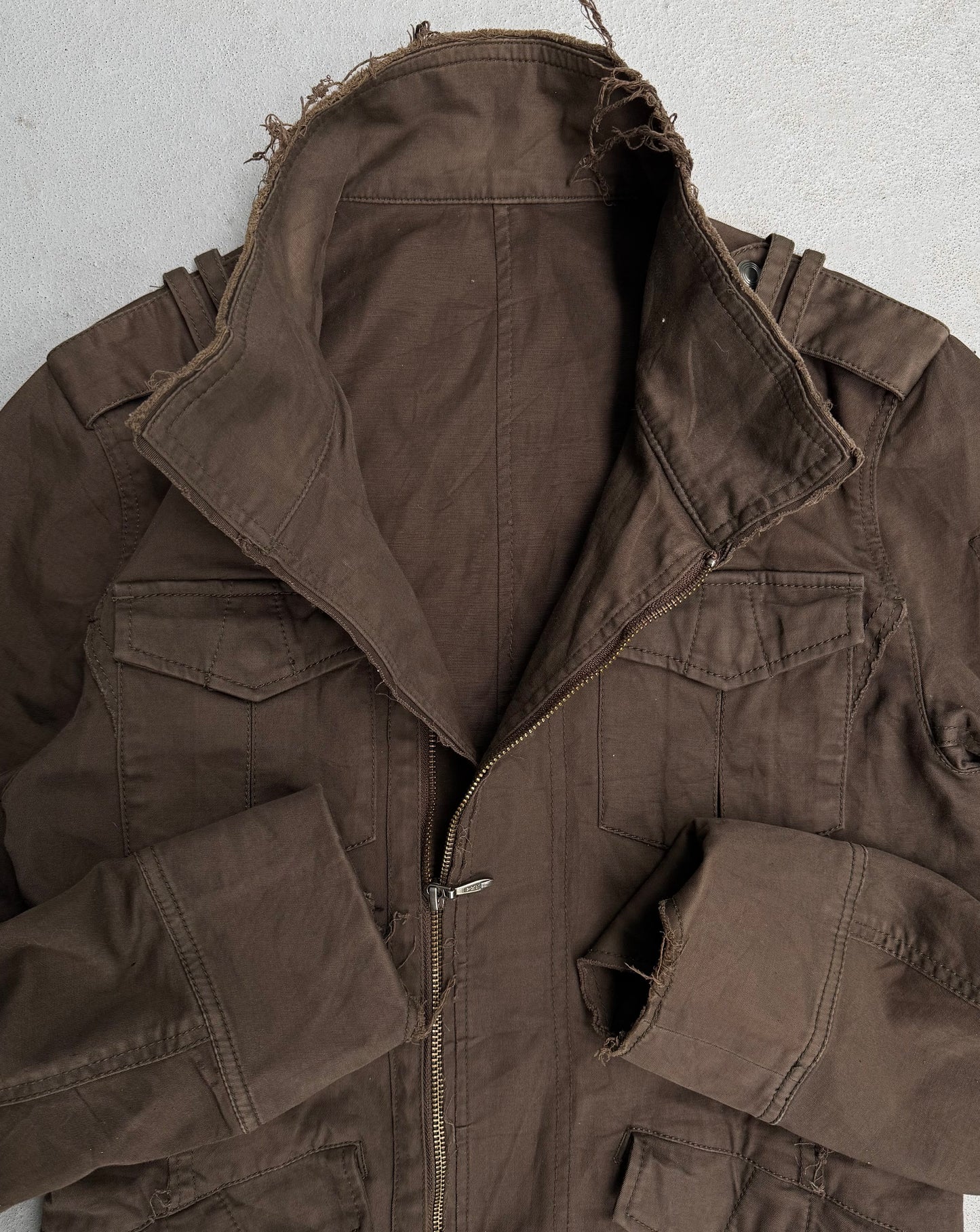 Tornado Mart Early 00s Brown Frayed Military Zip-up Jacket