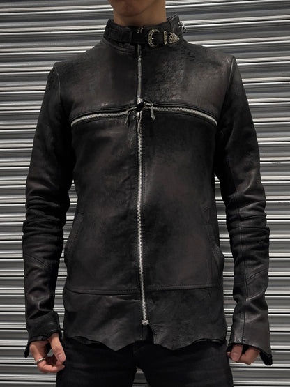 14thAddiction AW17 Distressed Sheepskin Leather Cross-zip Jacket