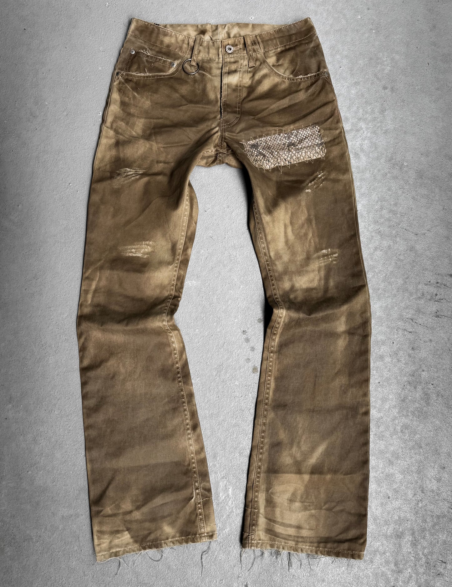 Isamu Katayama “BACKLASH” SS11 Dirty Mud-washed Python Skin Patches Chino Bootcut Pants