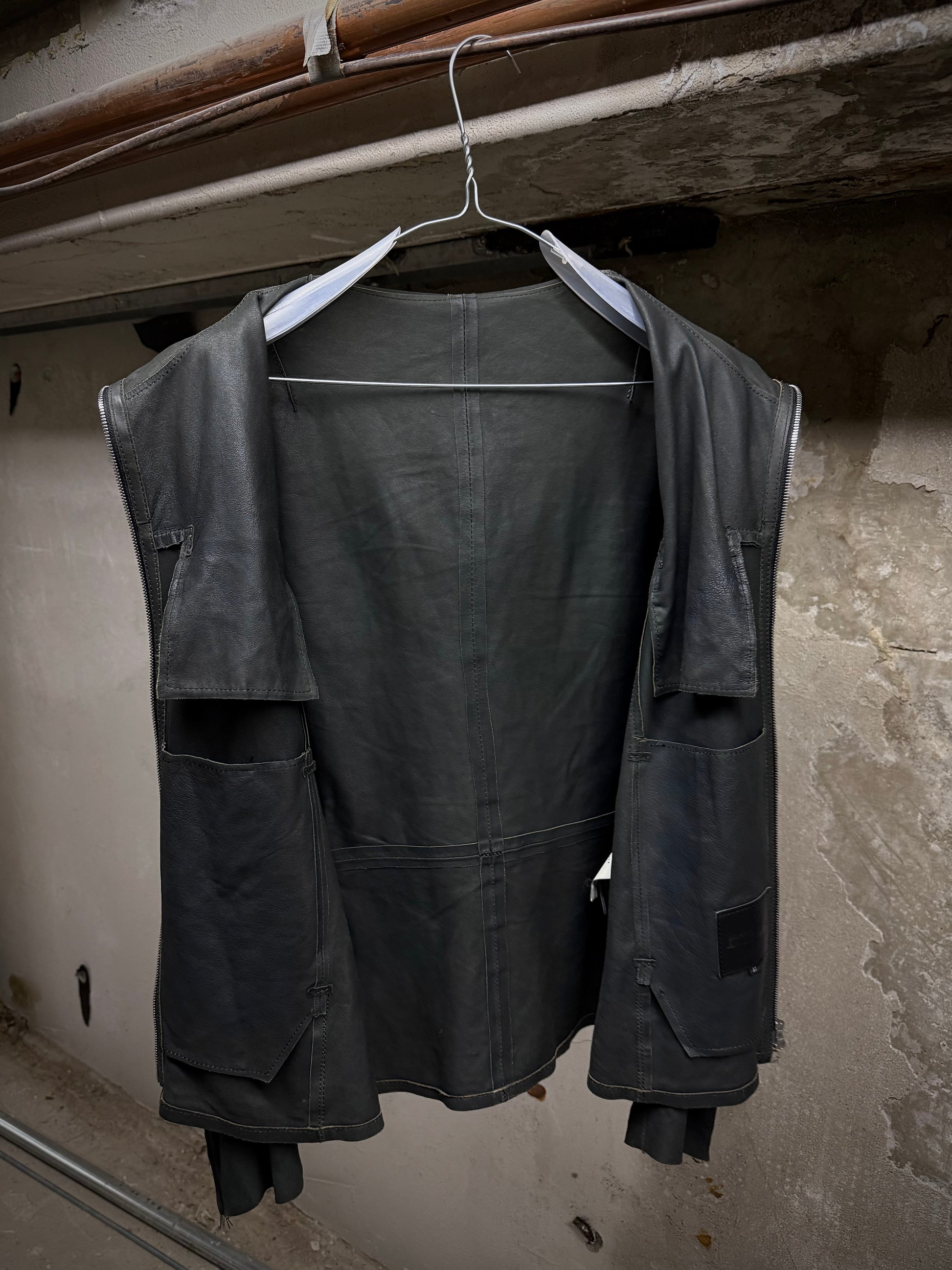 Isamu Katayama "BACKLASH" Unlined Overlock Hooded 'Gimp' Zip Goat Leather Jacket detail | DRIEW GARMENTS