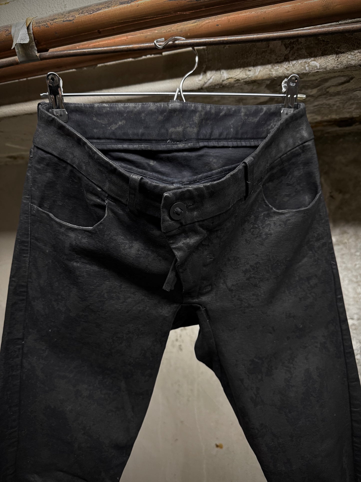 Boris Bidjan Saberi SS16 'WP2 F1405K' Black Object-Dyed Vinyl Processed Skinny Stretch Denim