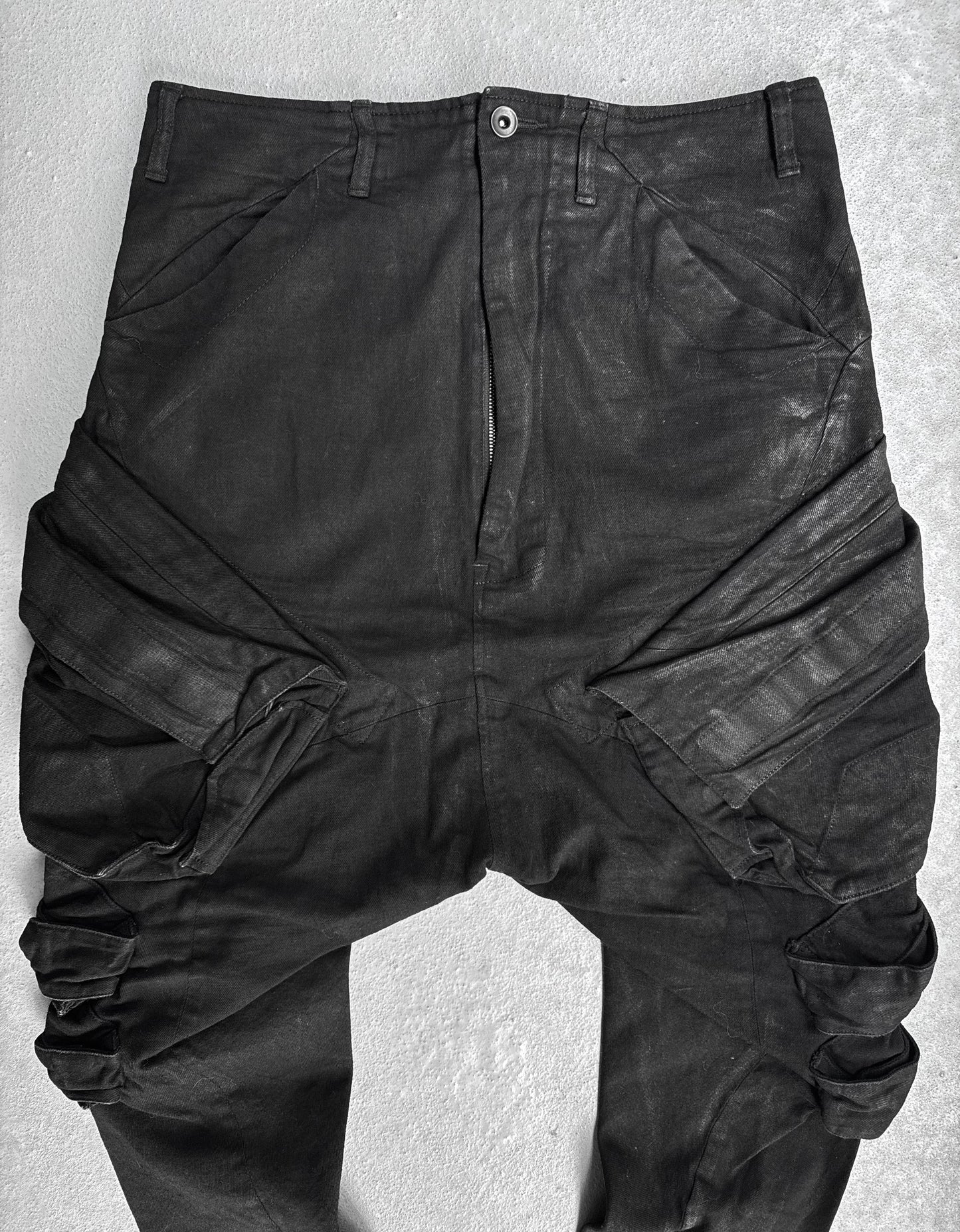 Julius_7 SS15 “prism;” Waxed Jumbo Velcro Gas-Mask Cargos Denim