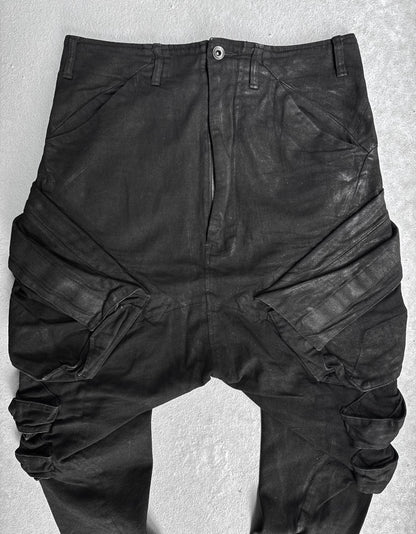 Julius_7 SS15 “prism;” Waxed Jumbo Velcro Gas-Mask Cargos Denim