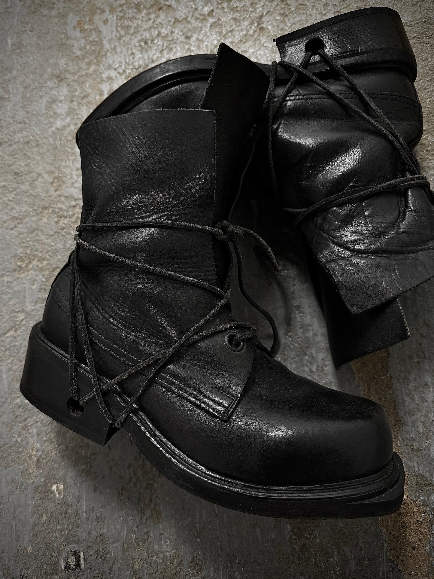 Dirk Bikkembergs 90s Black Military Lace-through Calf Leather Boots detail | DRIEW GARMENTS
