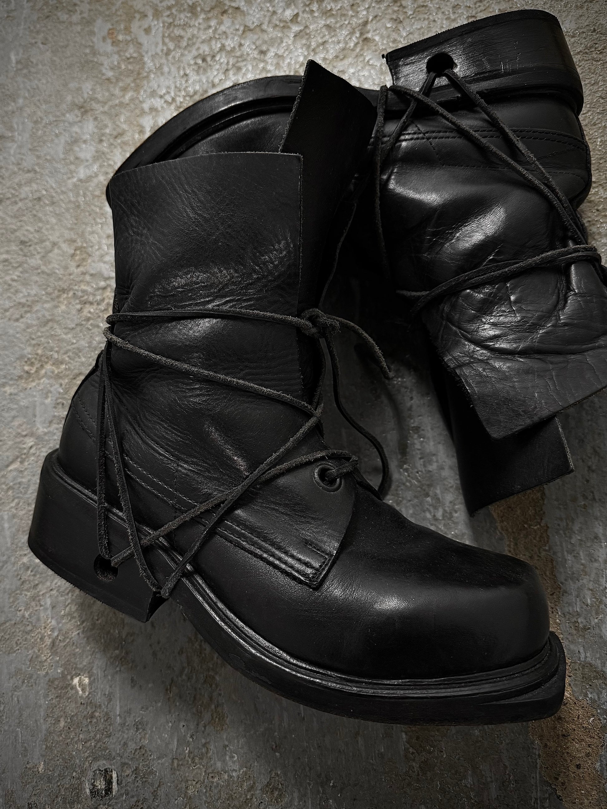 Dirk Bikkembergs 90s Black Military Lace-through Calf Leather Boots detail | DRIEW GARMENTS