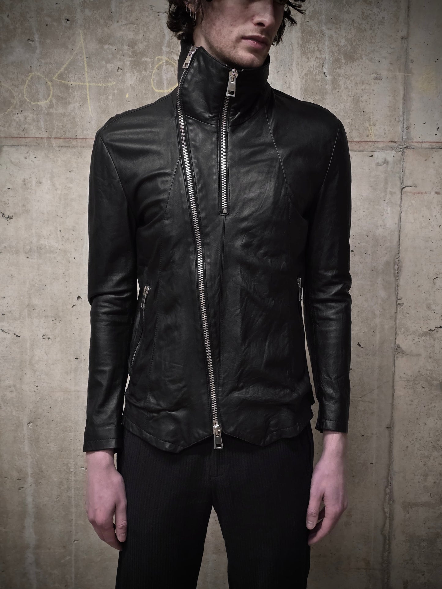 CLAUDIO IACOVELLI Asymmetrical Zip High Neck Calfskin Leather Jacket detail | DRIEW GARMENTS