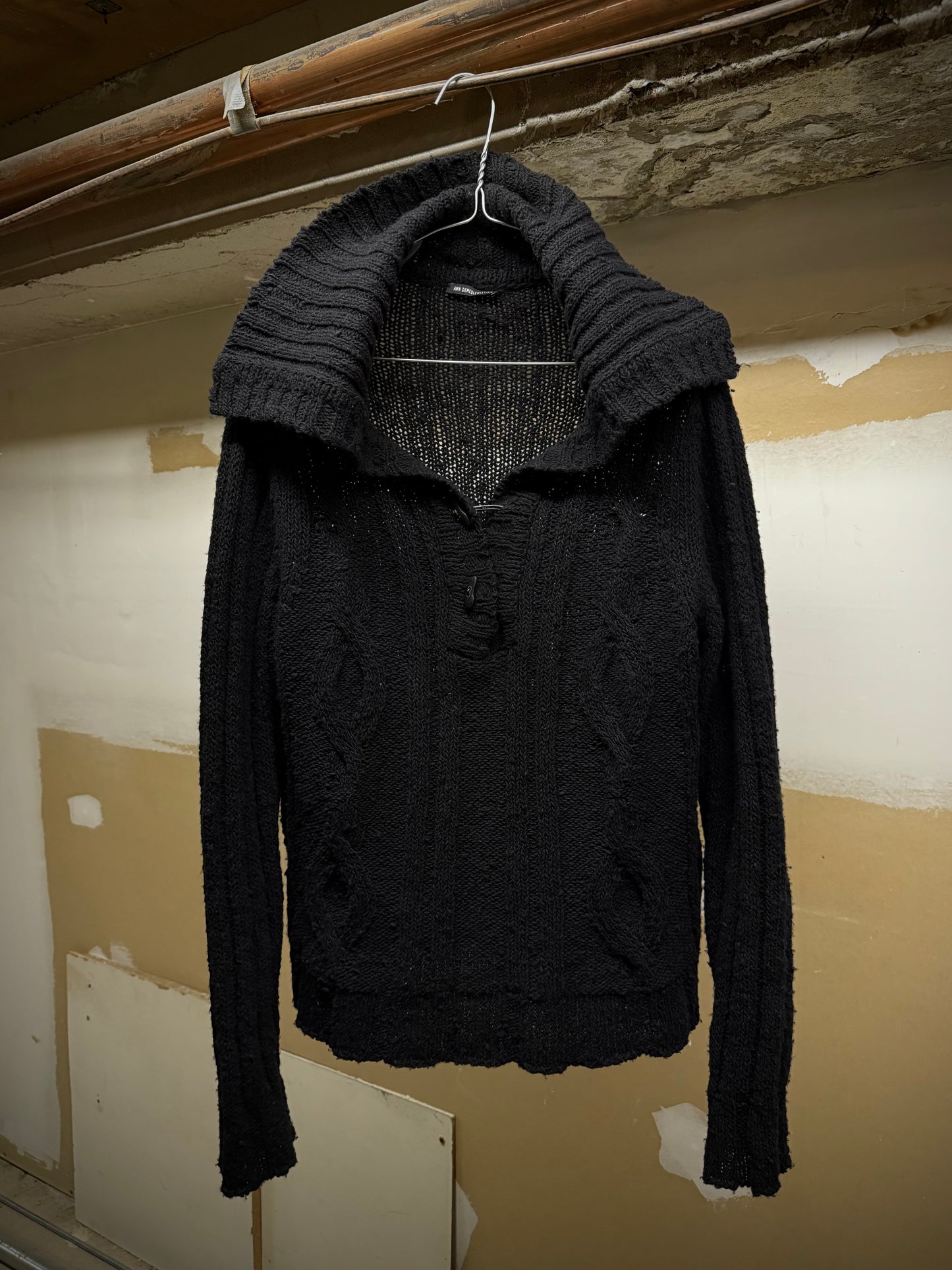 Ann Demeulemeester Early 00s Wide Collar Wool Cable Knit Henley Sweater
