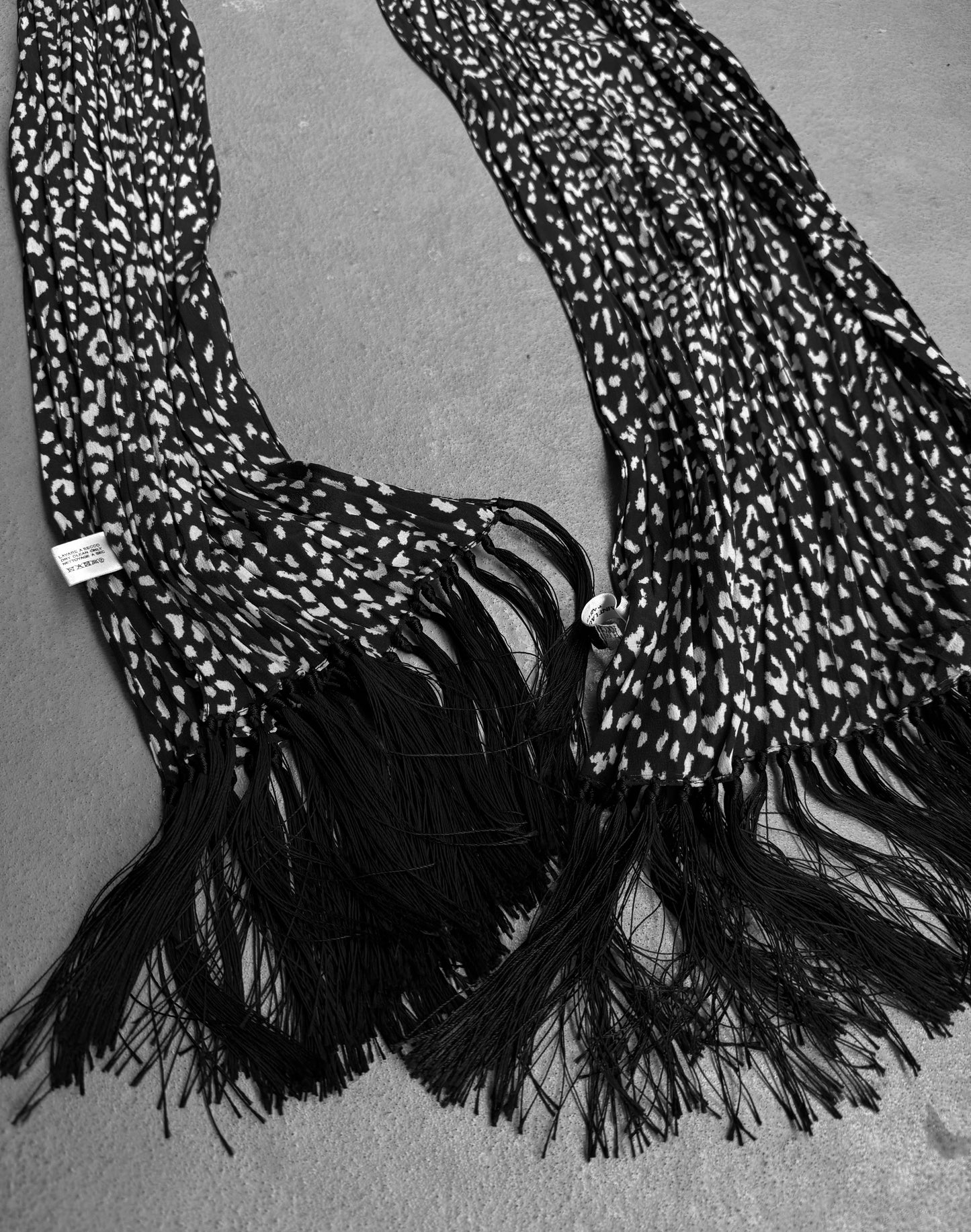 Saint Laurent Paris SS13 Black & White Leopard Print Silk Fringe Scarf
