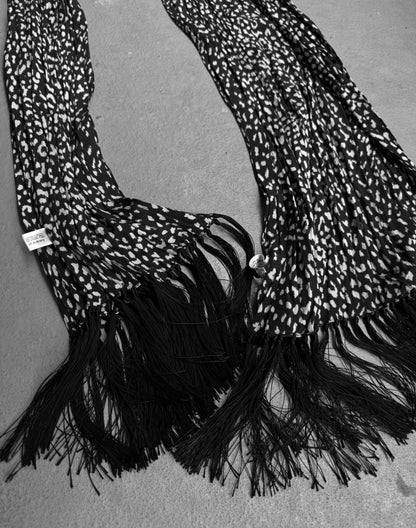 Saint Laurent Paris SS13 Black & White Leopard Print Silk Fringe Scarf