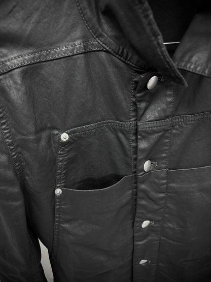 Rick Owens SS19 "BABEL" BLACK WAX Paneled Denim Trucker Jacket detail | DRIEW GARMENTS