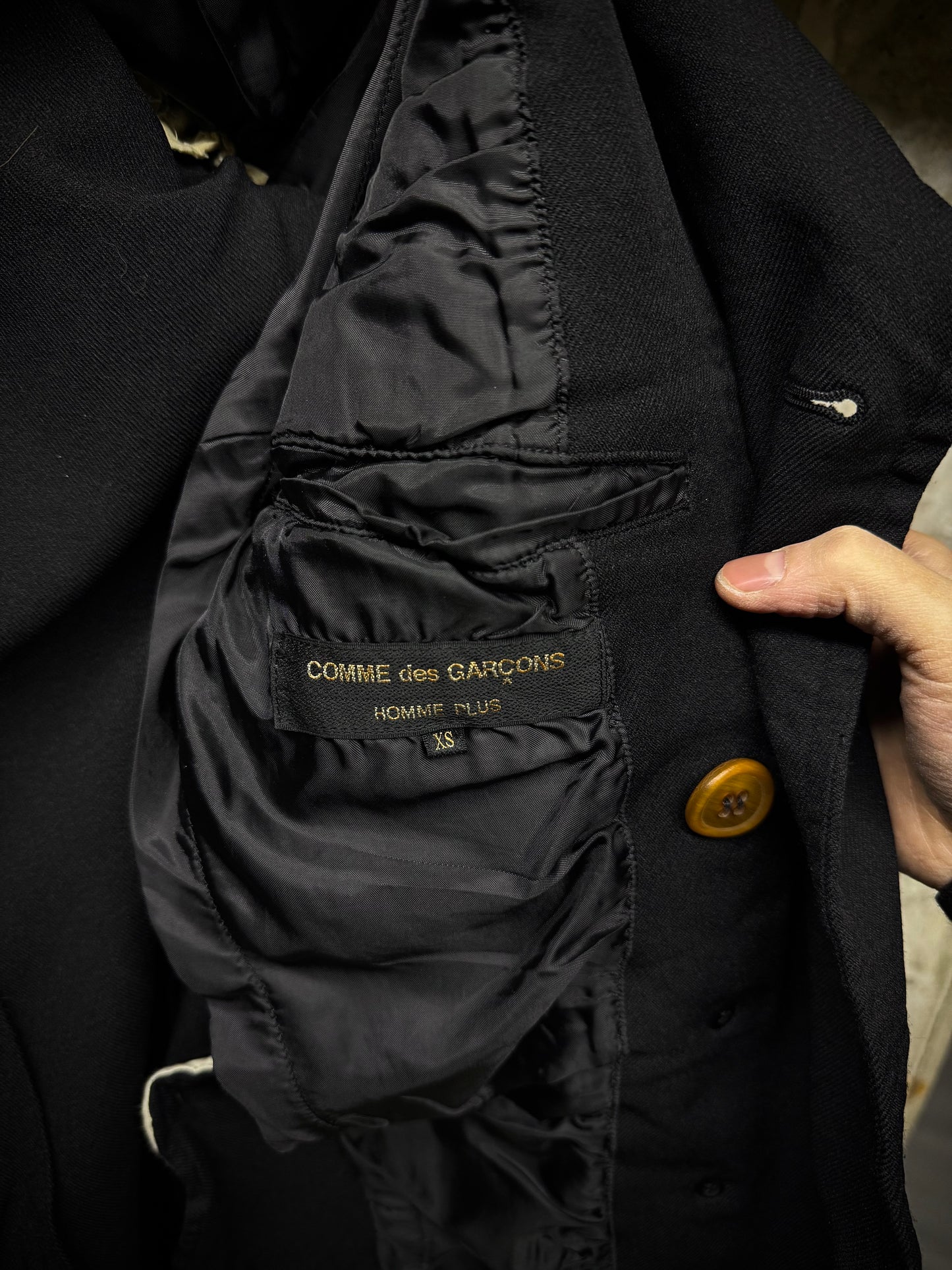 COMME des GARÇONS HOMME PLUS SS12 Cut-Out Poly Napoleon Trench Coat detail | DRIEW GARMENTS
