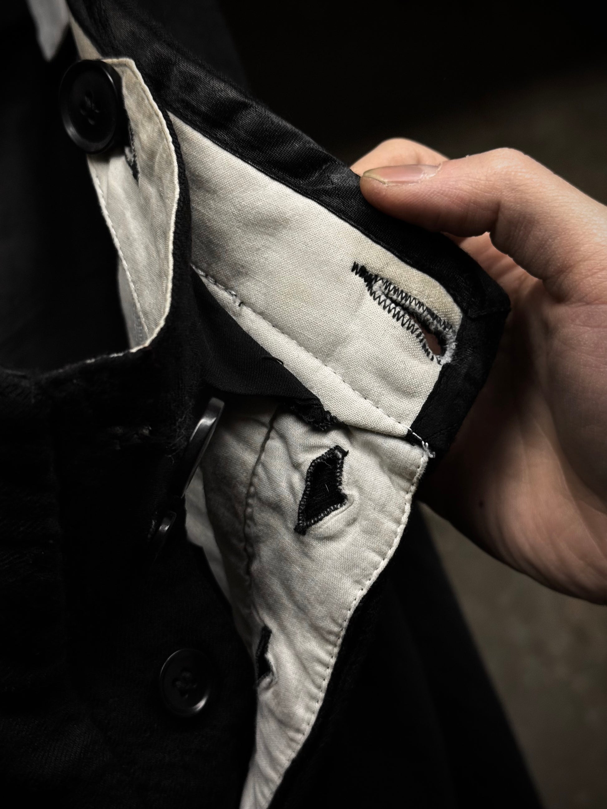 Rick Owens AW08 "STAG" Bias Cut Frayed Hem Flare Wool Trousers detail | DRIEW GARMENTS