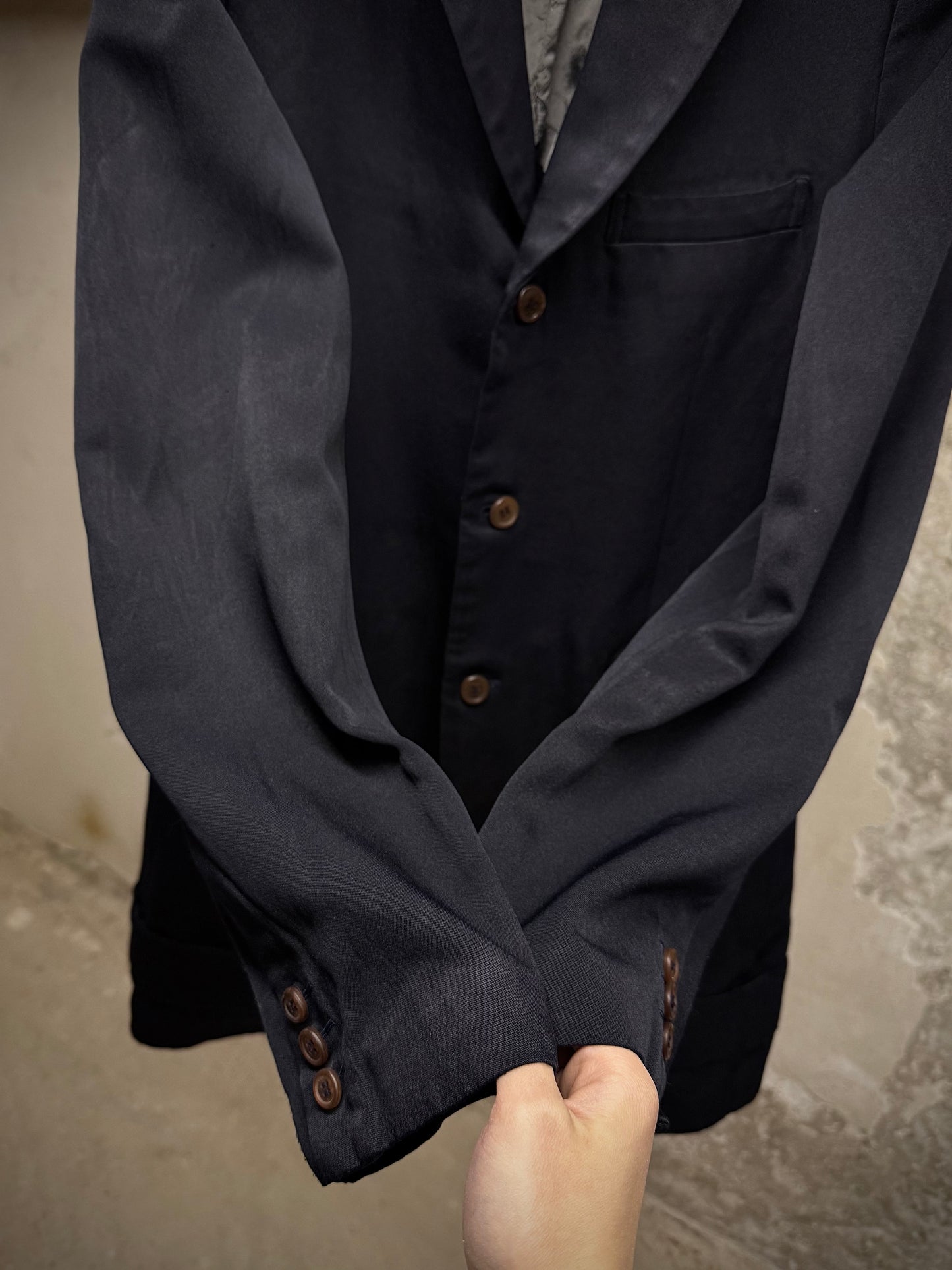 COMME des GARÇONS HOMME PLUS AW13 Dark Navy Hem Strap Poly Long Blazer detail | DRIEW GARMENTS